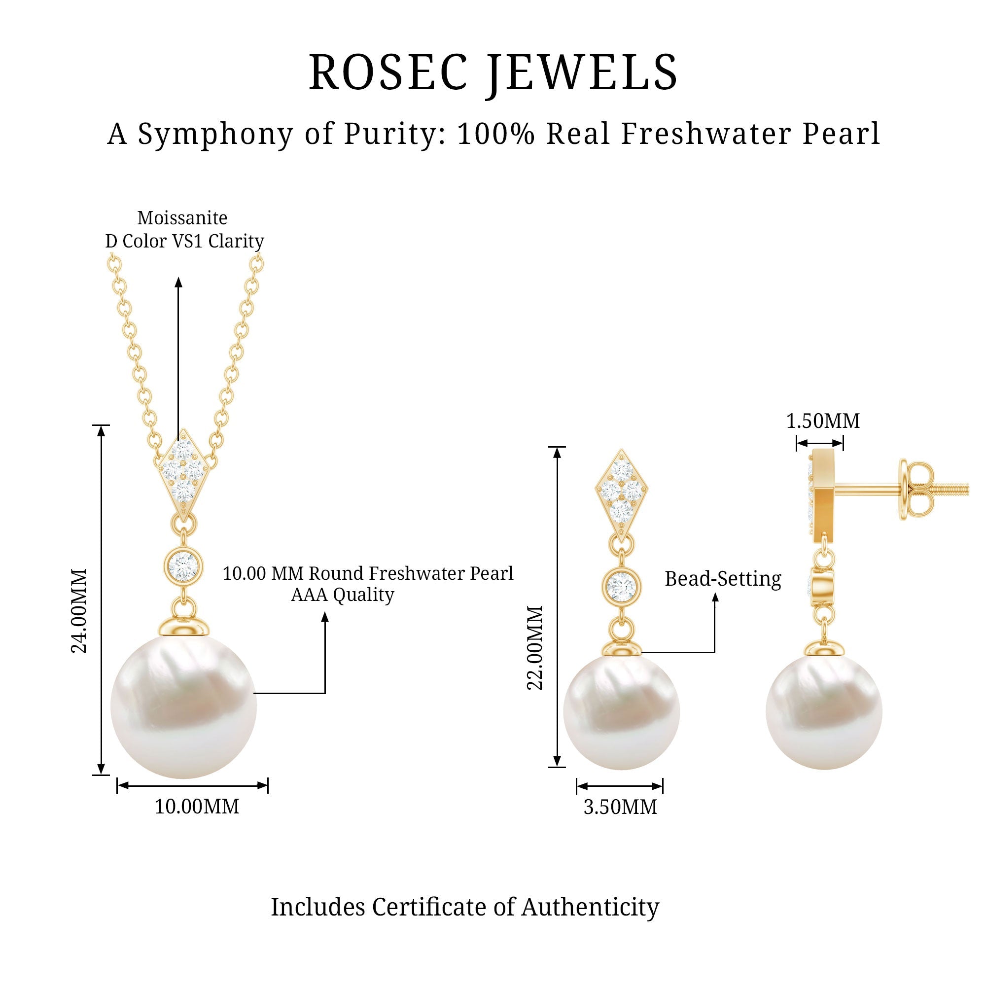 Freshwater Pearl Simple Dangle Drop Pendant and Earrings Set with Diamond