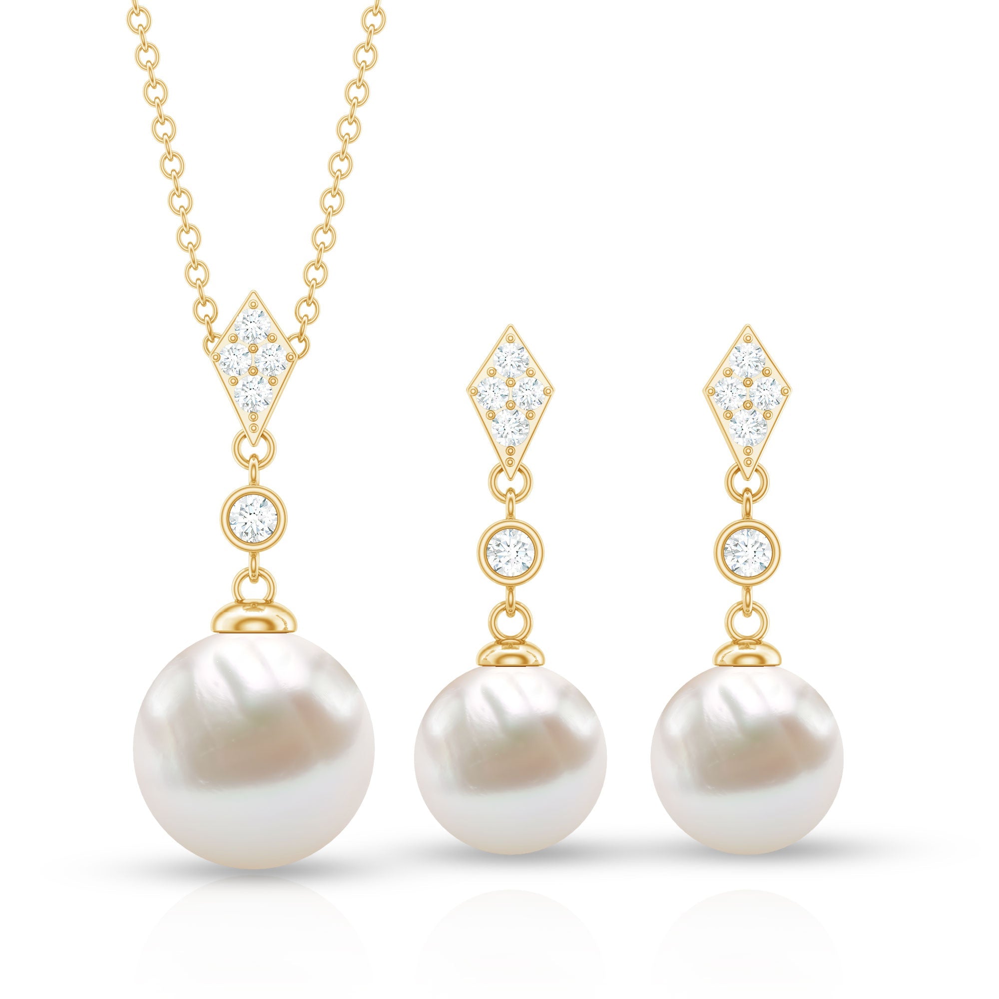 Freshwater Pearl Simple Dangle Drop Pendant and Earrings Set with Diamond