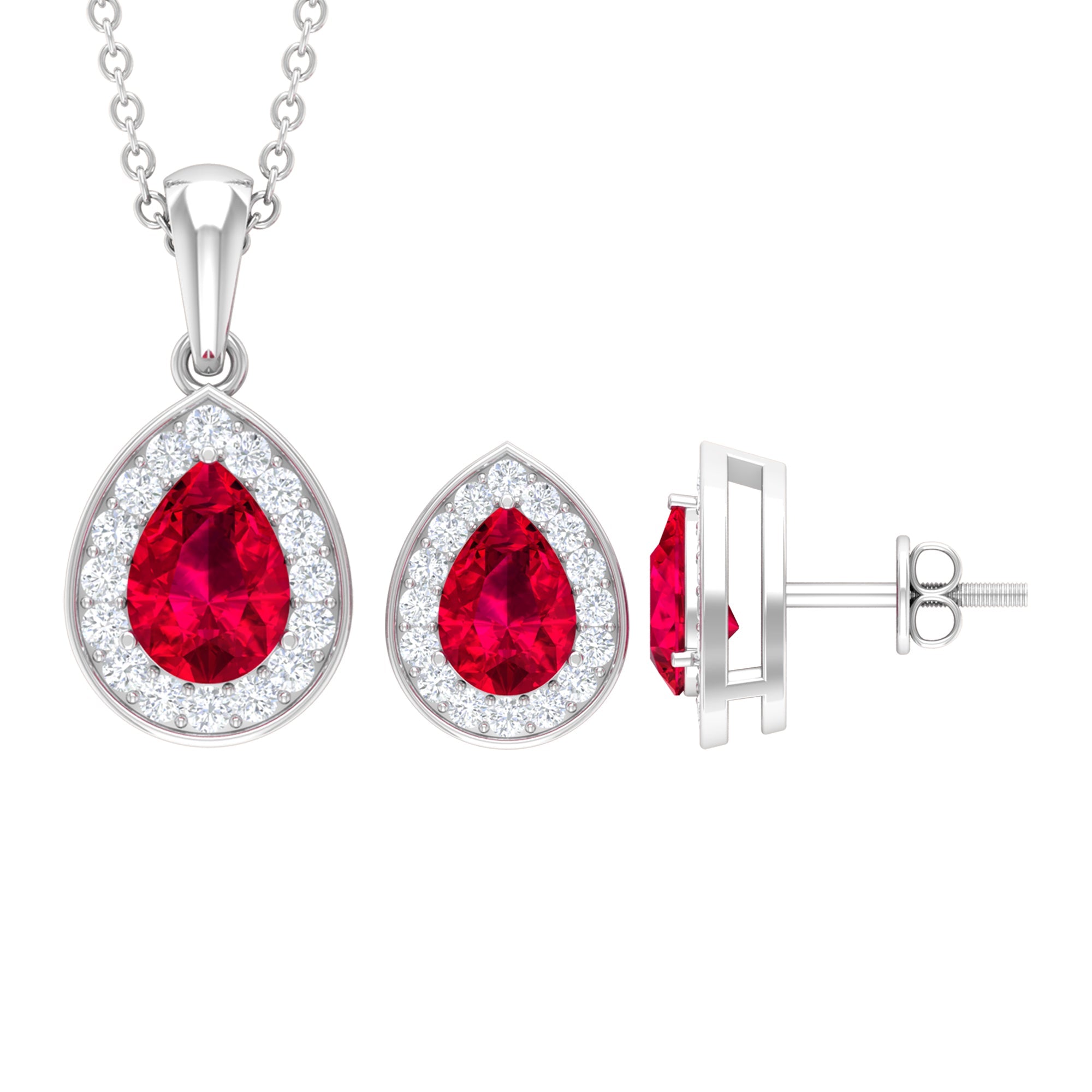Lab Created Ruby Teardrop Jewelry Set with Moissanite Halo