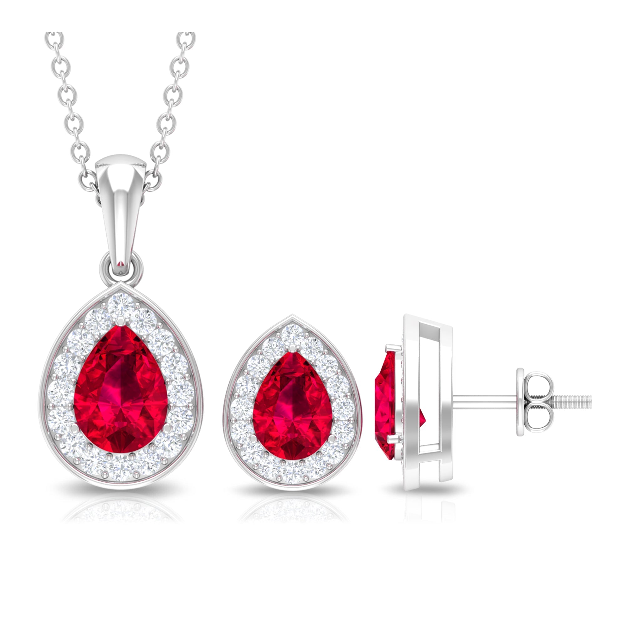 Lab Created Ruby Teardrop Jewelry Set with Moissanite Halo