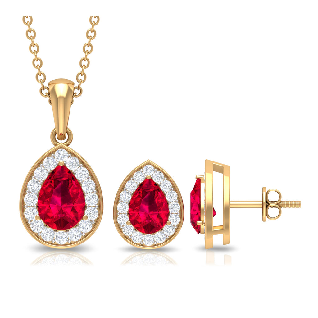 Lab Created Ruby Teardrop Jewelry Set with Moissanite Halo