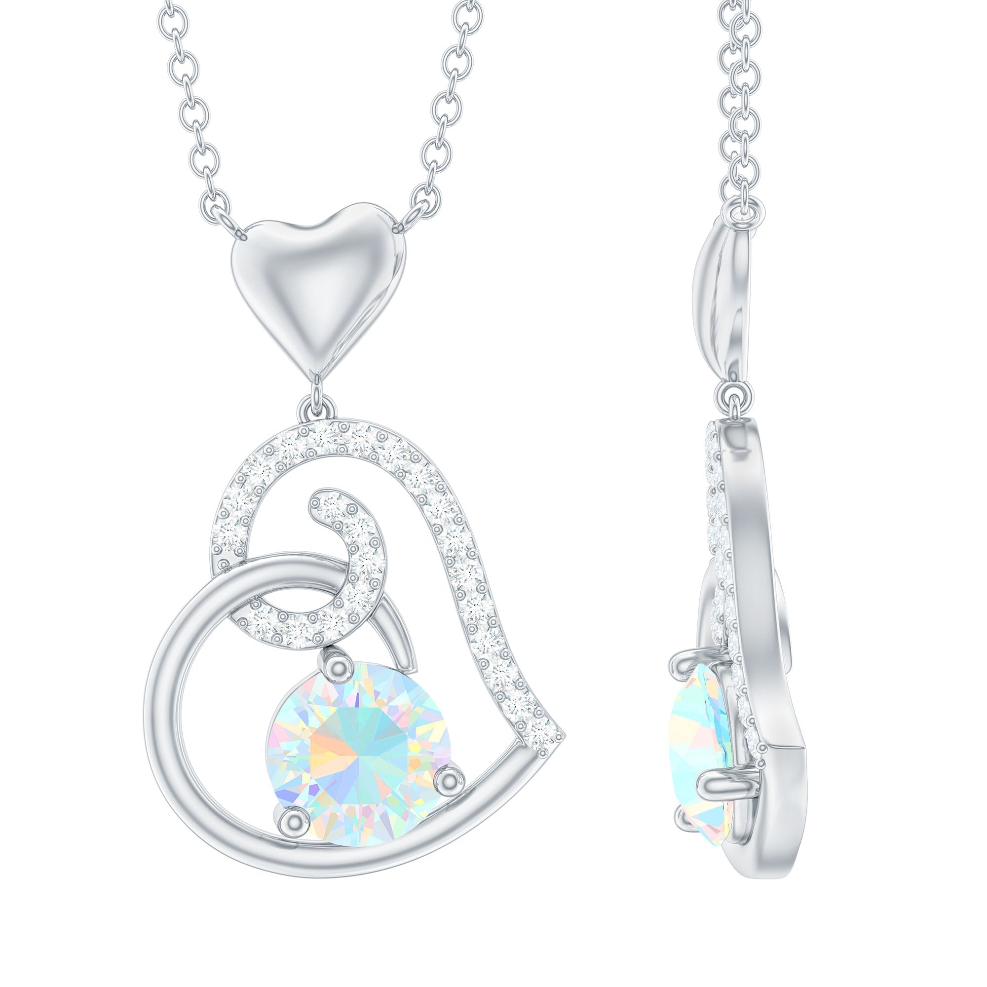 Ethiopian Opal Heart Pendant Necklace with Diamond