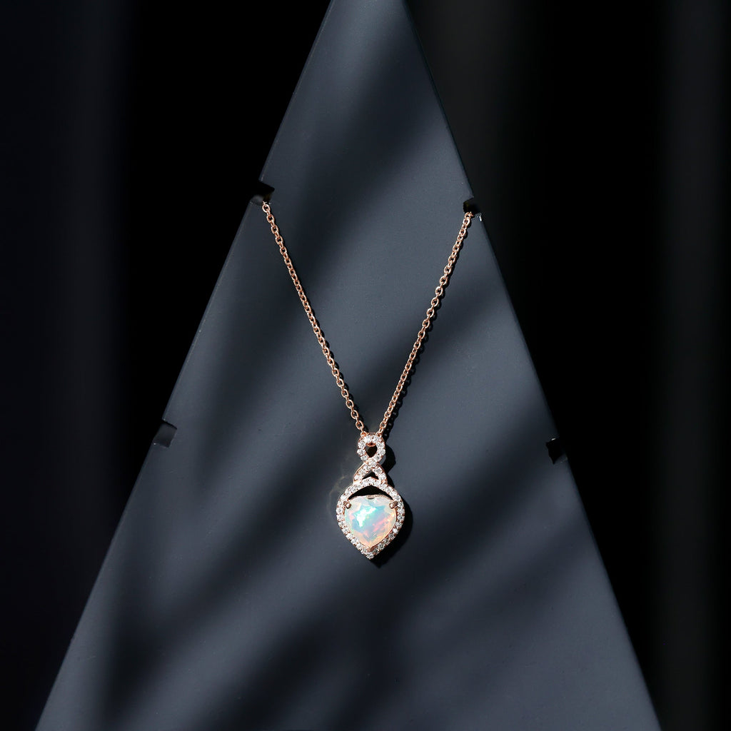 2 Carat Heart Shape Ethiopian Opal Infinity Pendant with Diamond