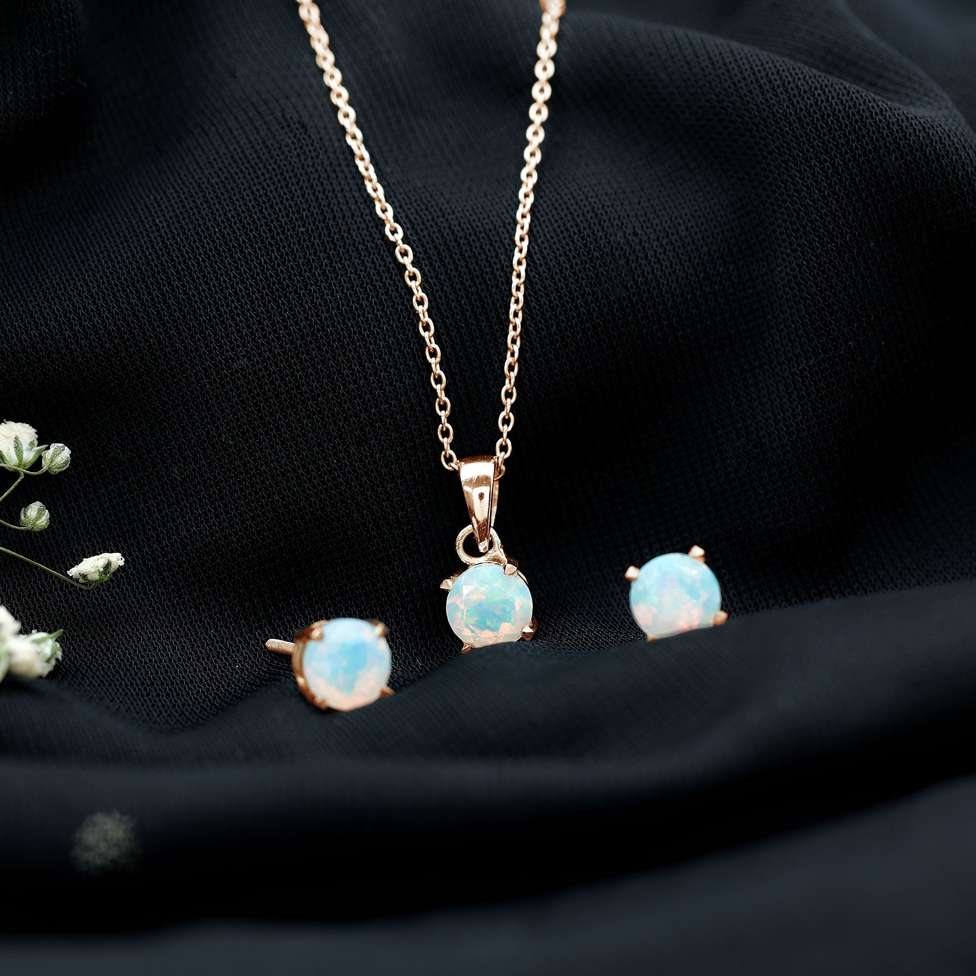 6MM Round Cut Ethiopian Opal Solitaire Jewelry Set