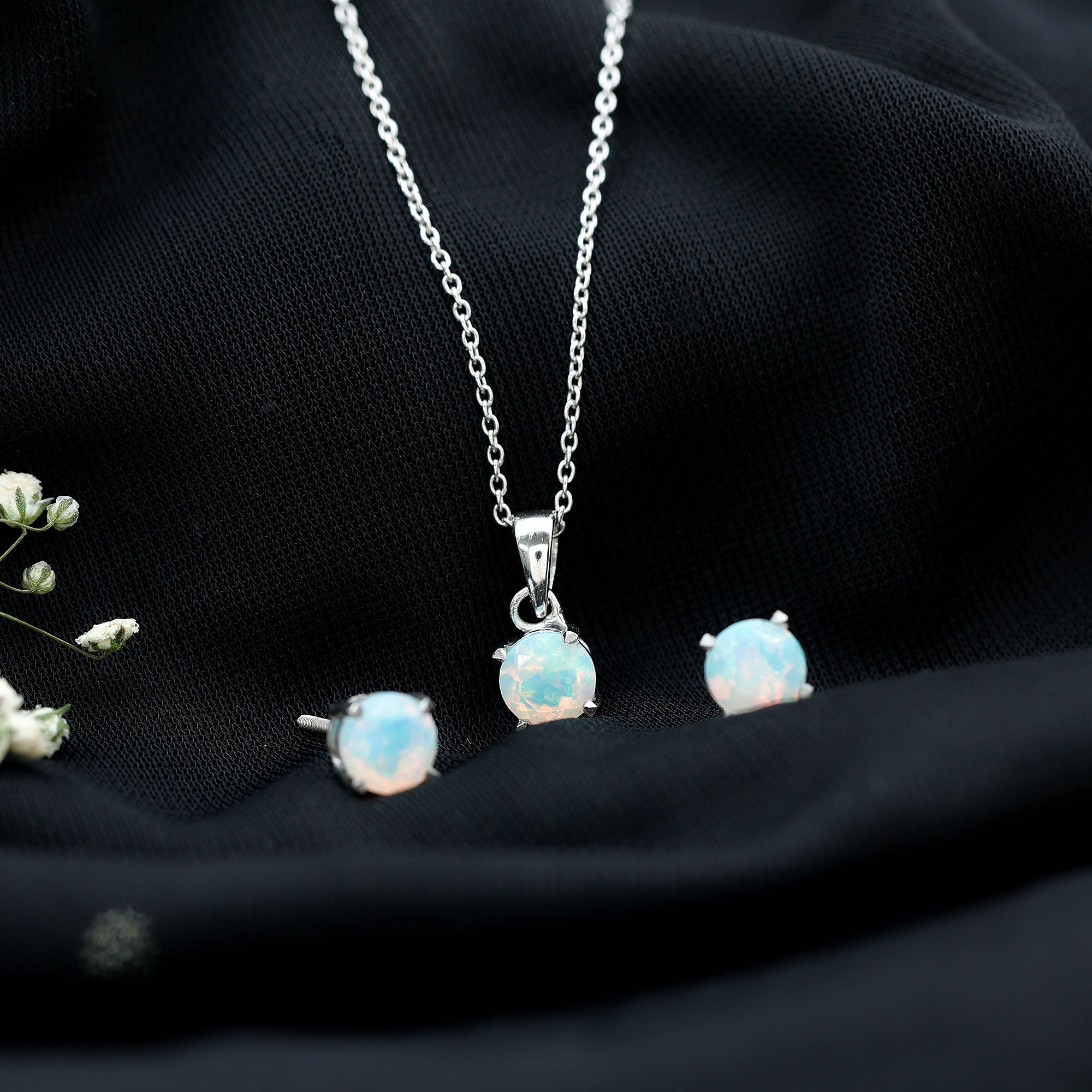 6MM Round Cut Ethiopian Opal Solitaire Jewelry Set