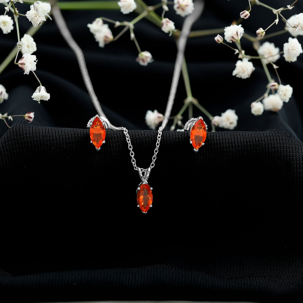 Genuine Marquise Cut Fire Opal Solitaire Necklace and Earring Set