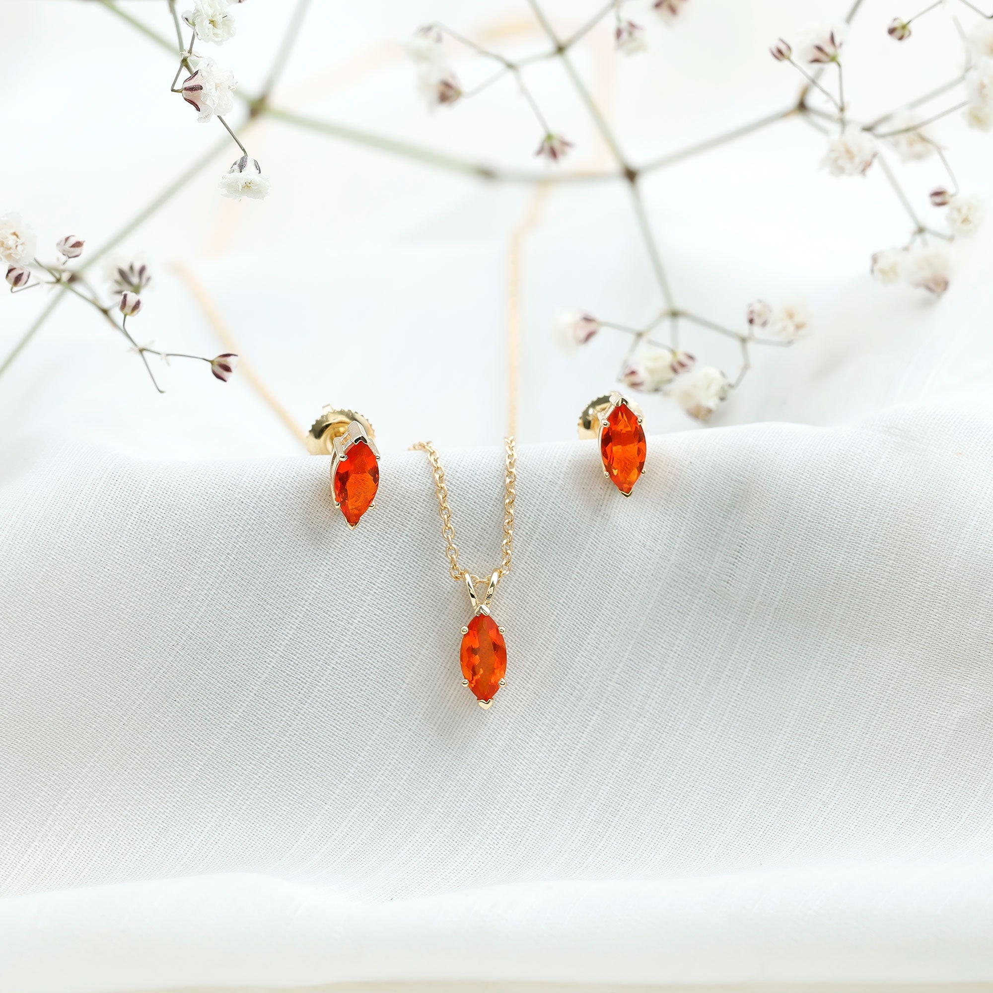 Genuine Marquise Cut Fire Opal Solitaire Necklace and Earring Set