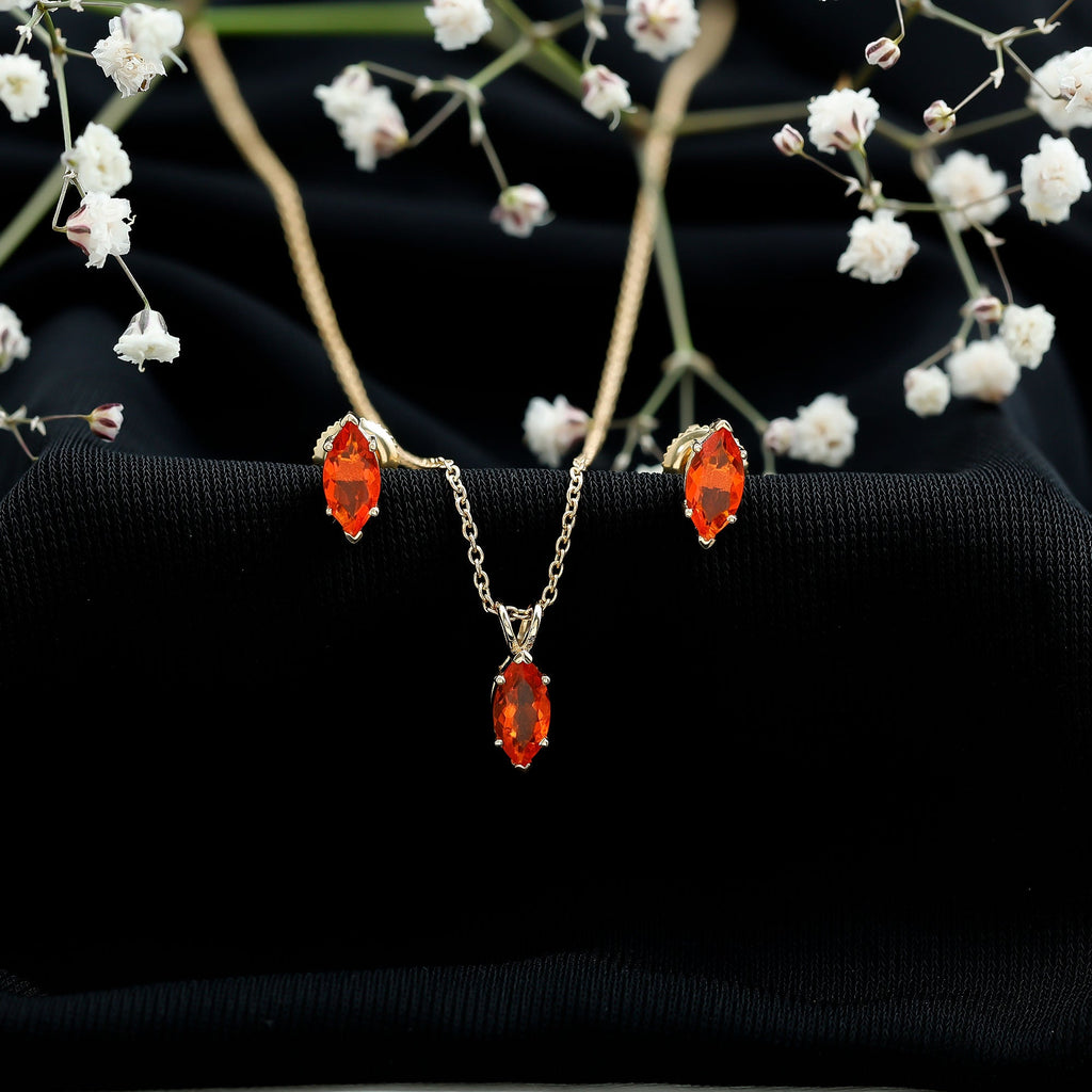 Genuine Marquise Cut Fire Opal Solitaire Necklace and Earring Set
