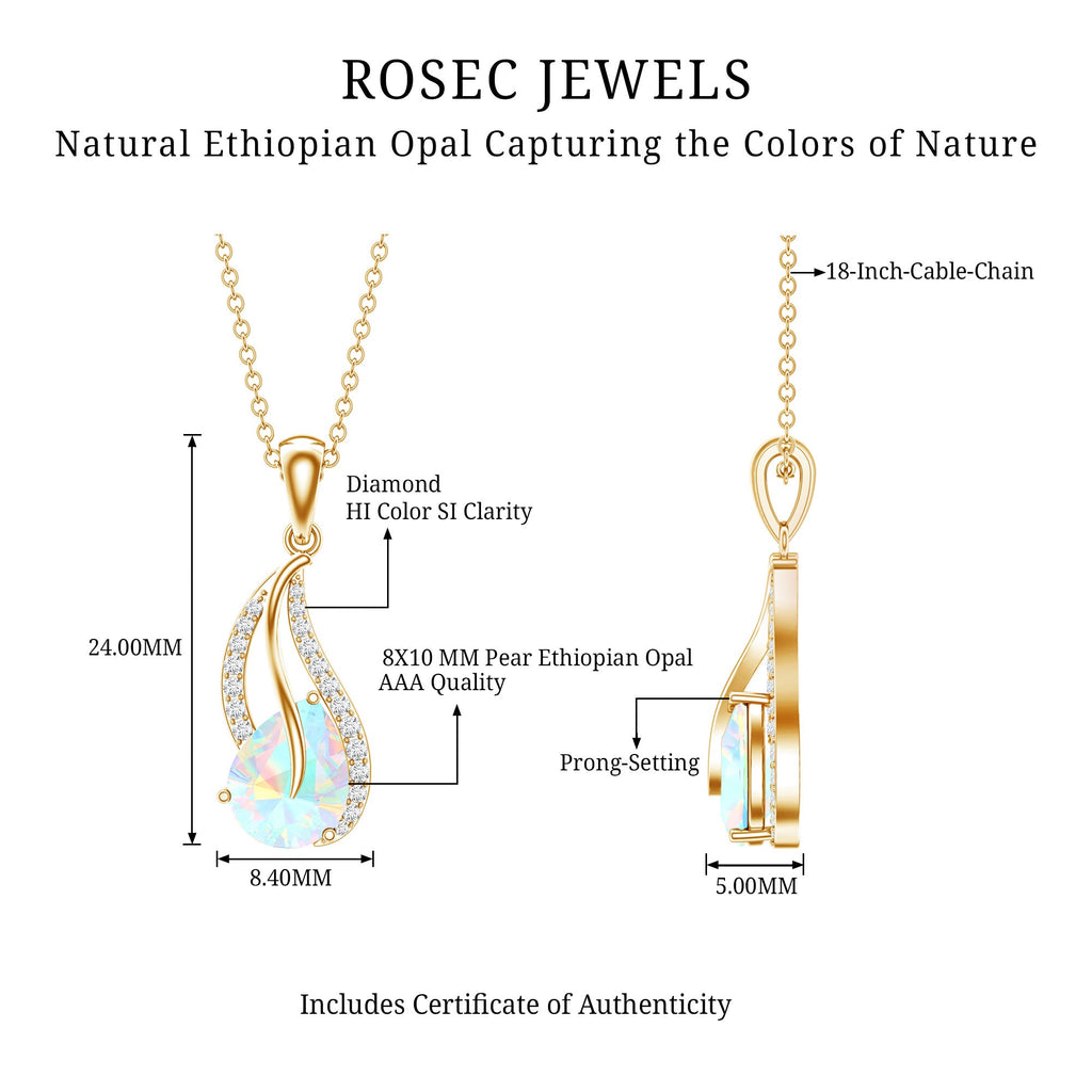 2 Carat Pear Shaped Ethiopian Opal and Diamond Leaf Pendant
