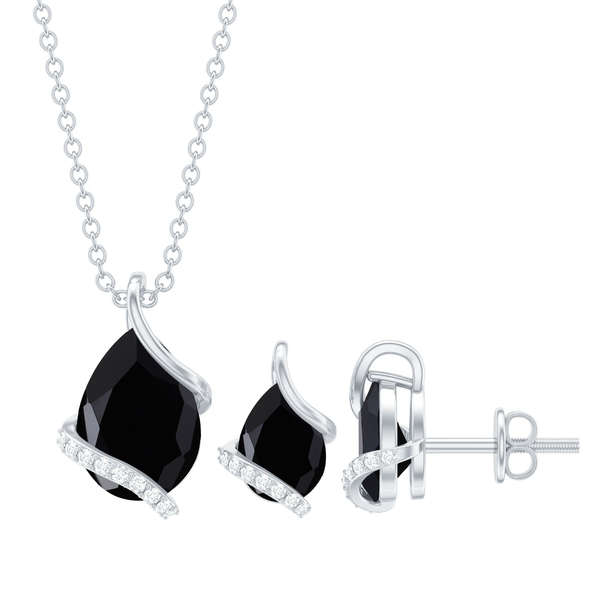 Pear Shaped Black Spinel and Moissanite Teardrop Necklace Earrings Set
