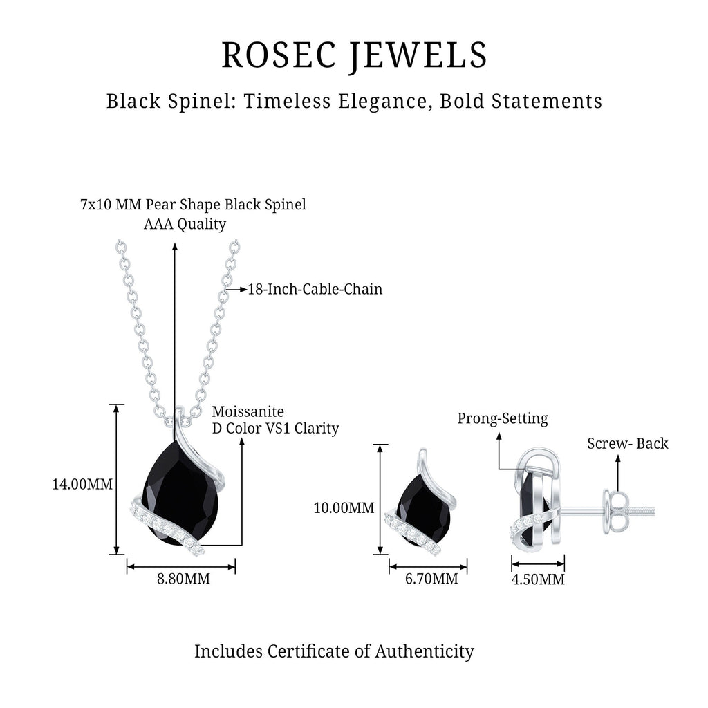Pear Shaped Black Spinel and Moissanite Teardrop Necklace Earrings Set