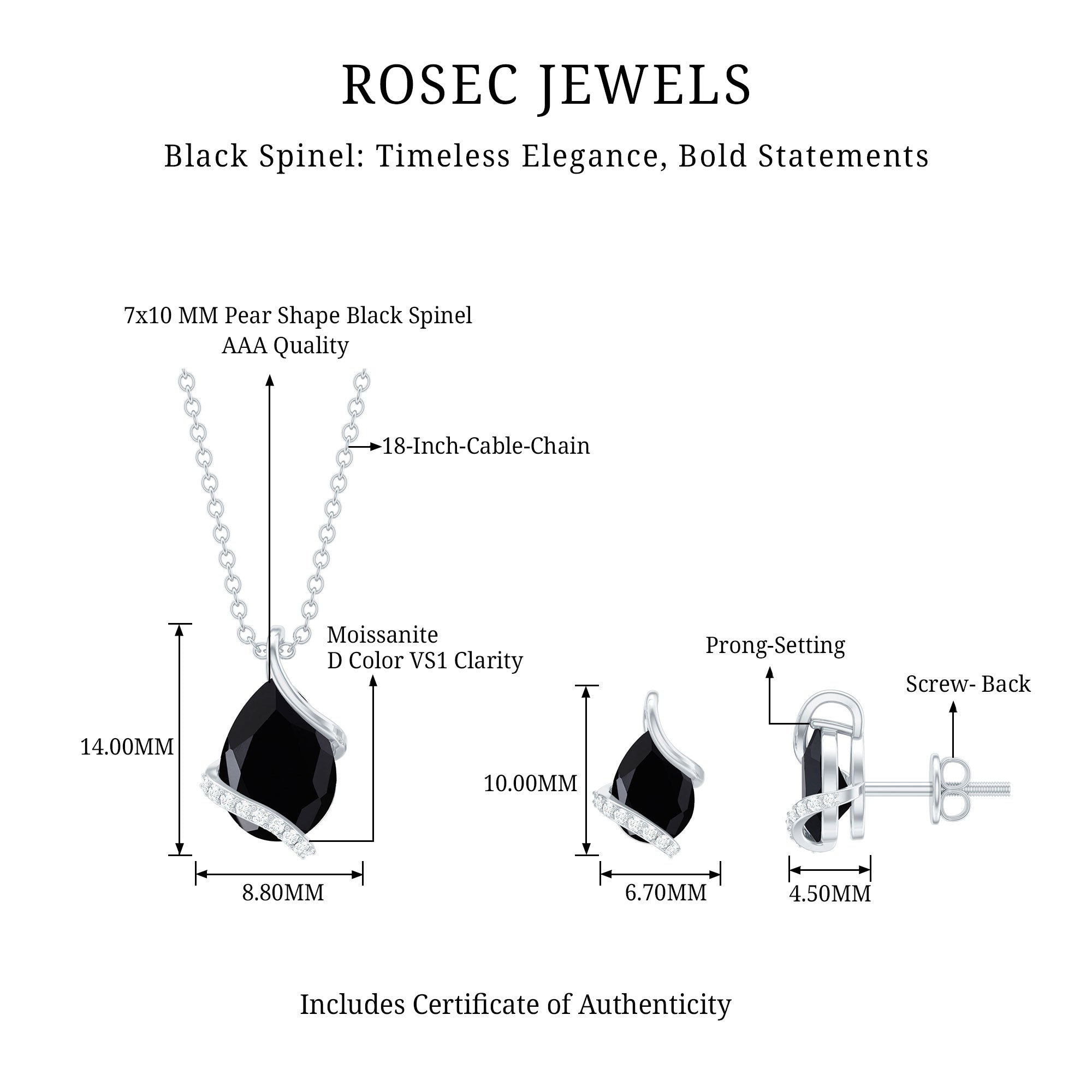 Pear Shaped Black Spinel and Moissanite Teardrop Necklace Earrings Set