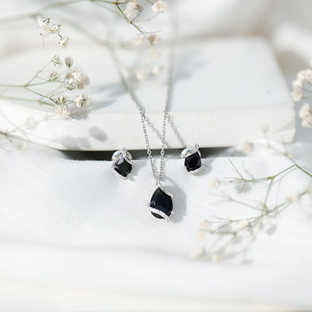 Pear Shaped Black Spinel and Moissanite Teardrop Necklace Earrings Set