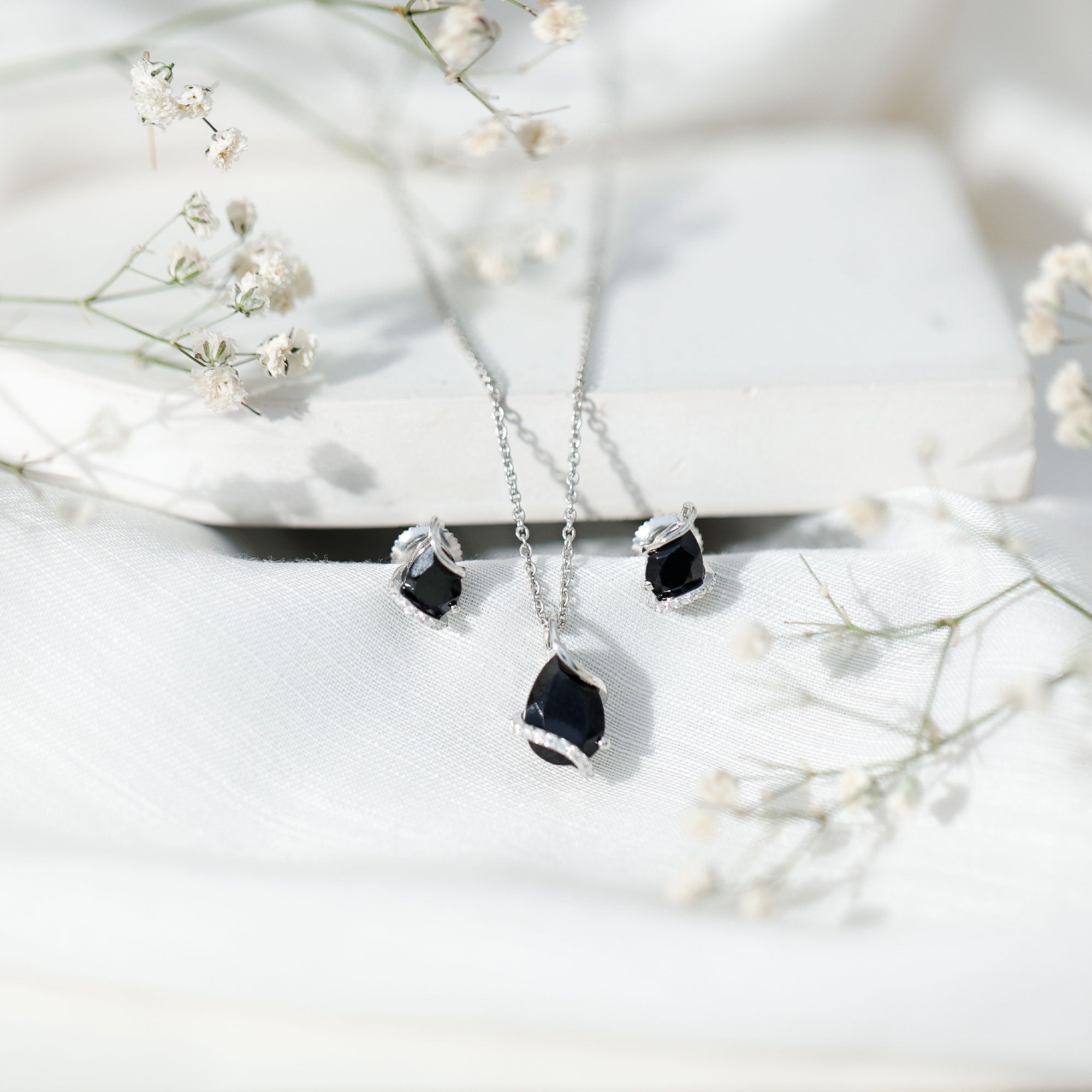 Pear Shaped Black Spinel and Moissanite Teardrop Necklace Earrings Set