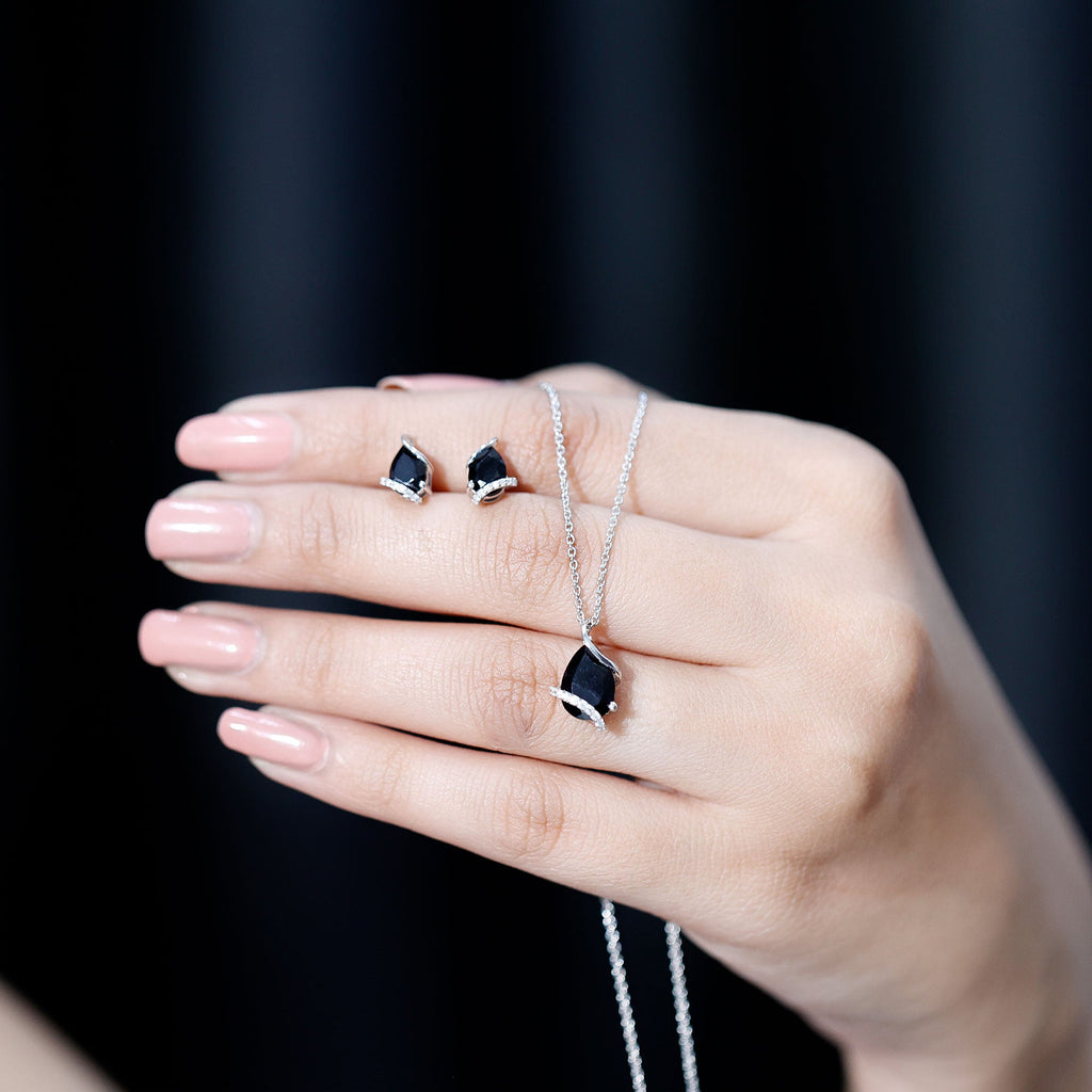 Pear Shaped Black Spinel and Moissanite Teardrop Necklace Earrings Set