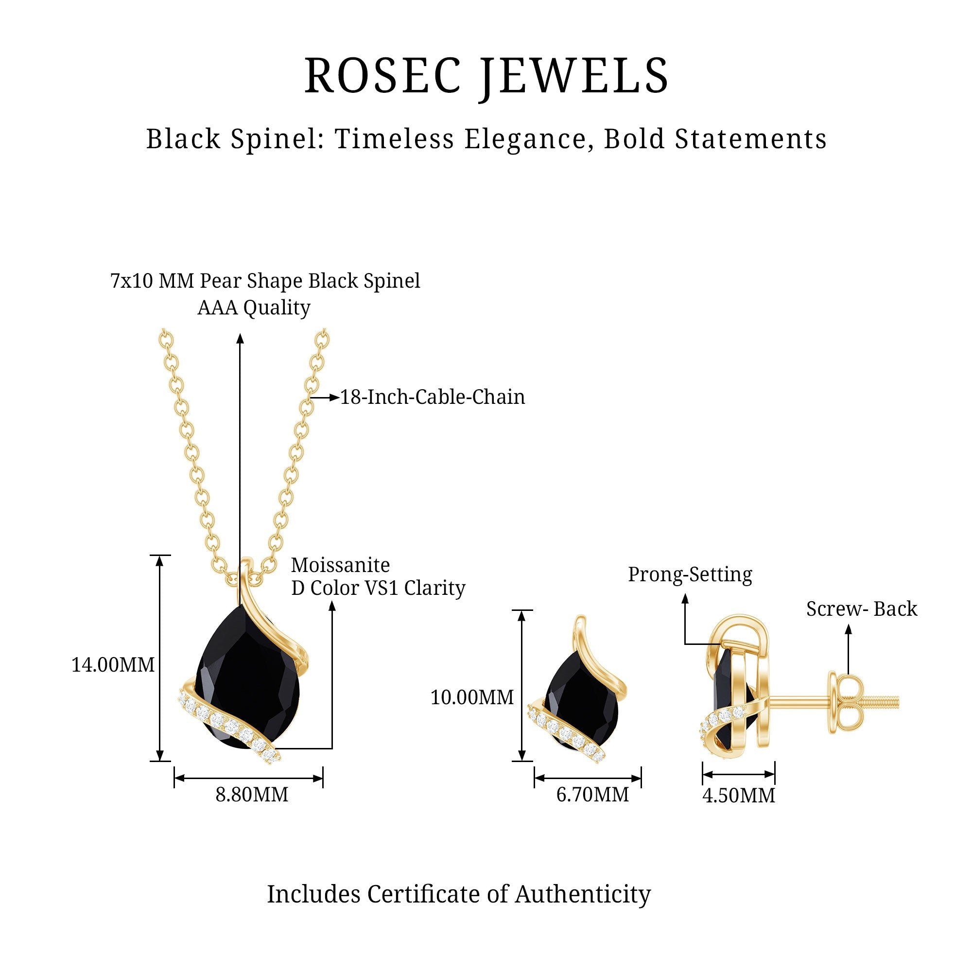 Pear Shaped Black Spinel and Moissanite Teardrop Necklace Earrings Set