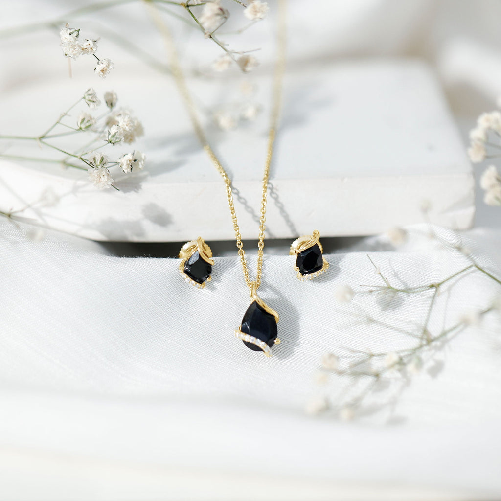 Pear Shaped Black Spinel and Moissanite Teardrop Necklace Earrings Set