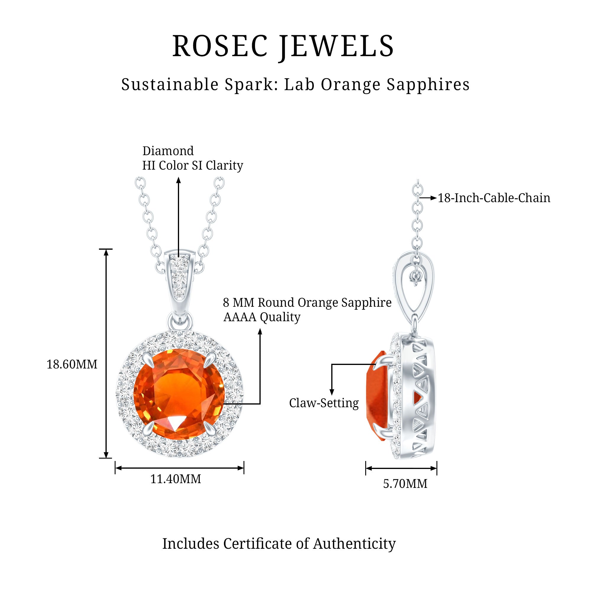 Created Orange Sapphire Pendant Necklace with Diamond Halo