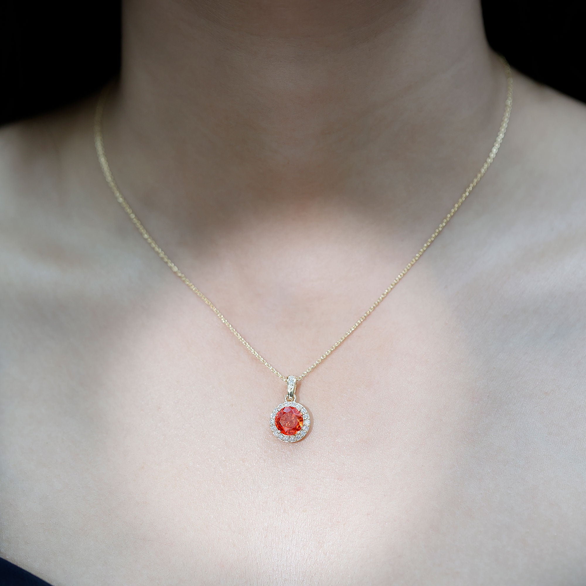 Created Orange Sapphire Pendant Necklace with Diamond Halo