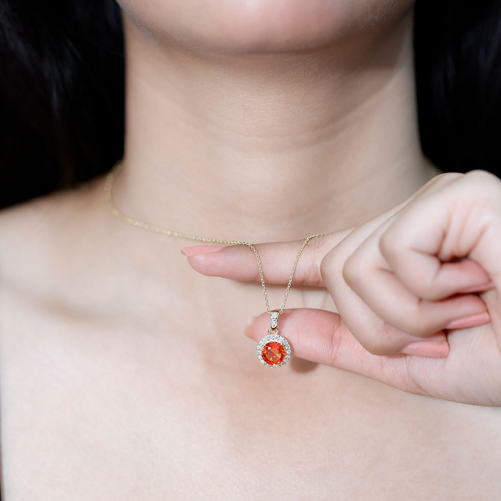 Created Orange Sapphire Pendant Necklace with Diamond Halo