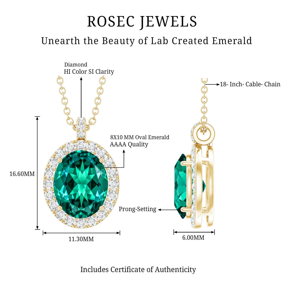 3 Carat Oval Lab Created Emerald Pendant with Diamond Halo