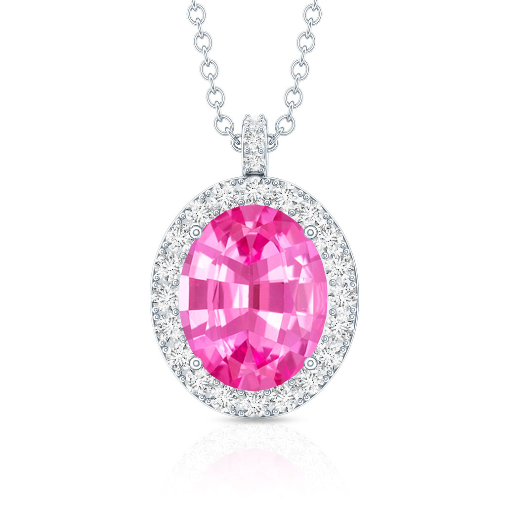 4 Carat Oval Lab Created Pink Sapphire Necklace with Diamonds