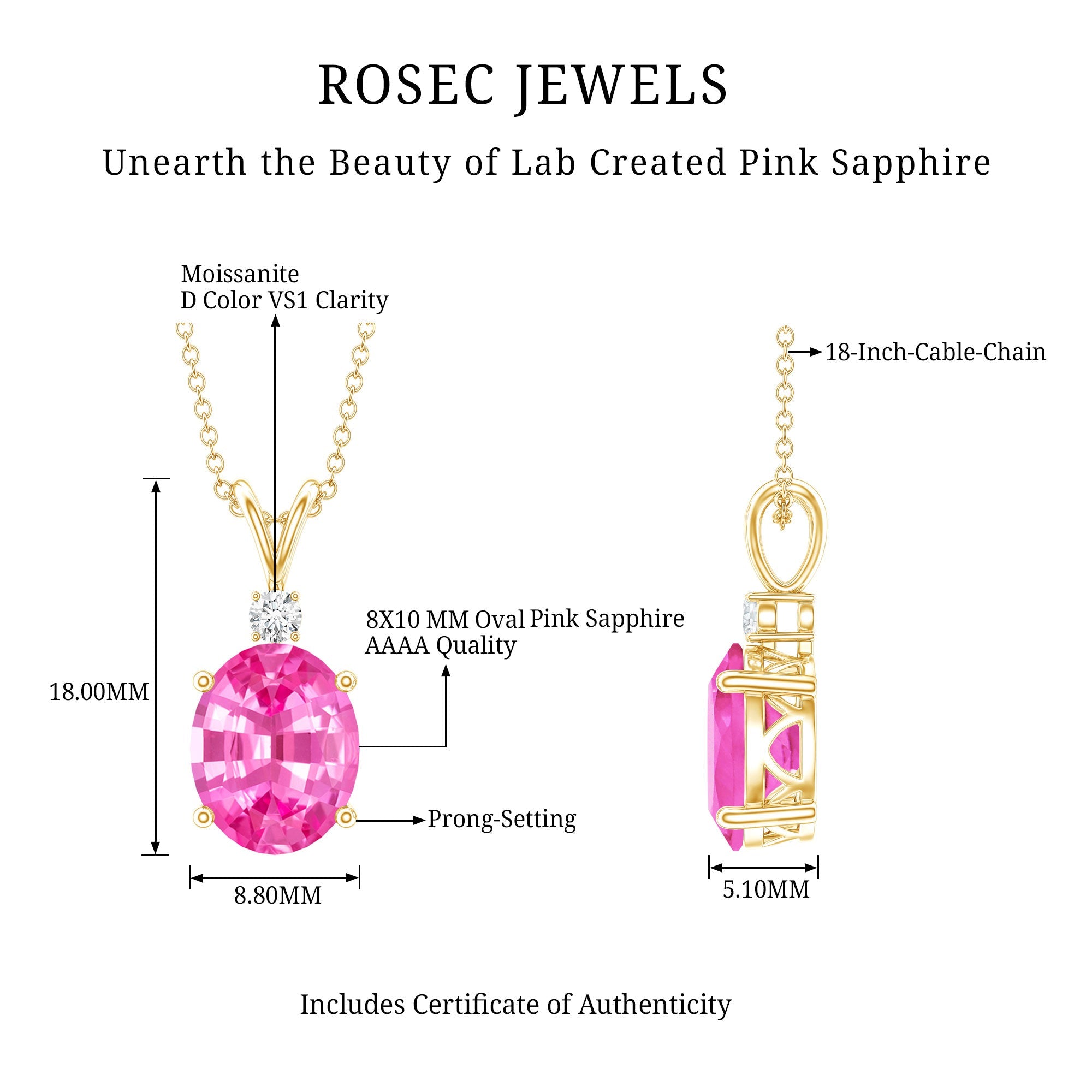 4 Carat Lab Created Pink Sapphire Oval Necklace