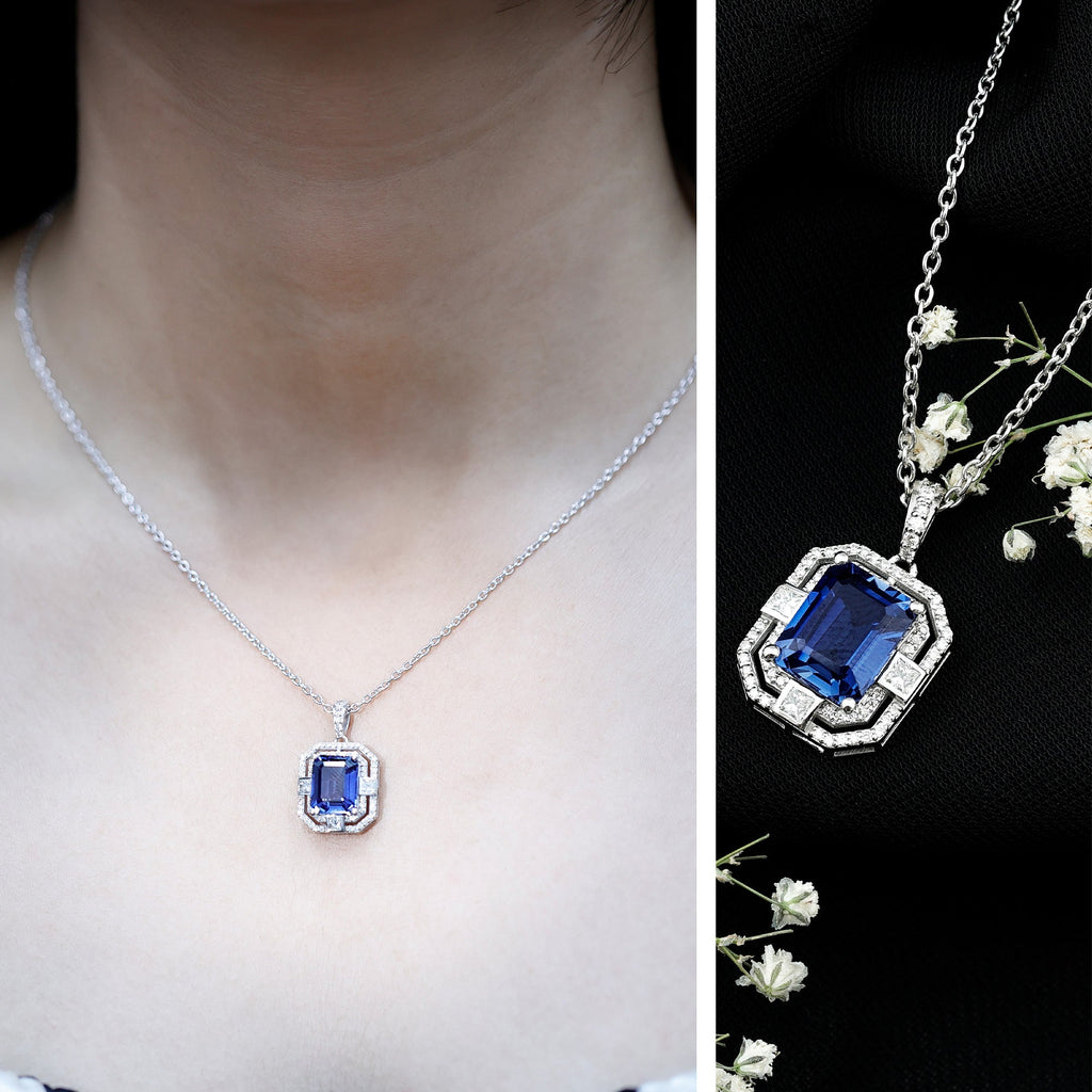 2.7 Carat Emerald Cut Lab Created Blue Sapphire Vintage Necklace with Diamond