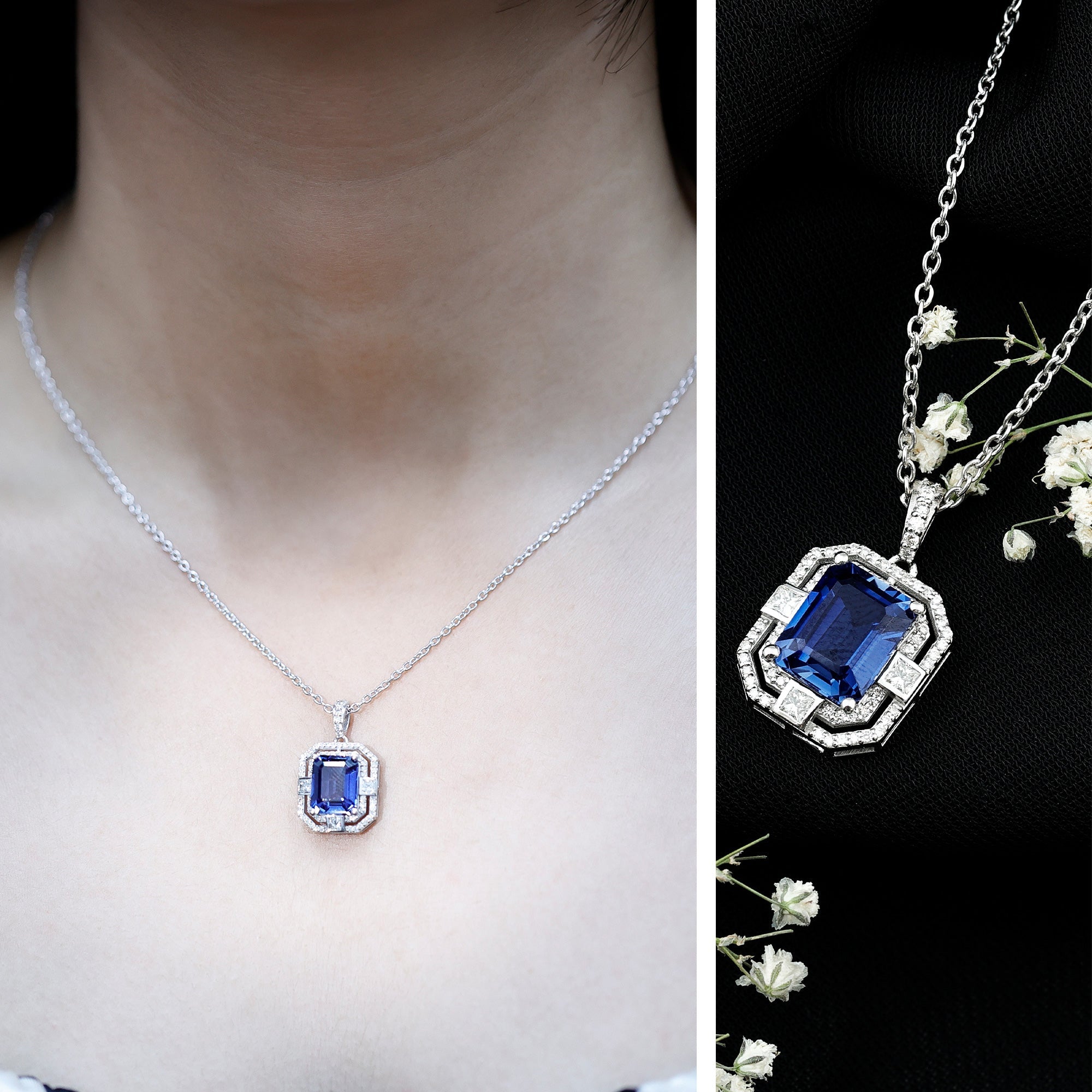 2.7 Carat Emerald Cut Lab Created Blue Sapphire Vintage Necklace with Diamond