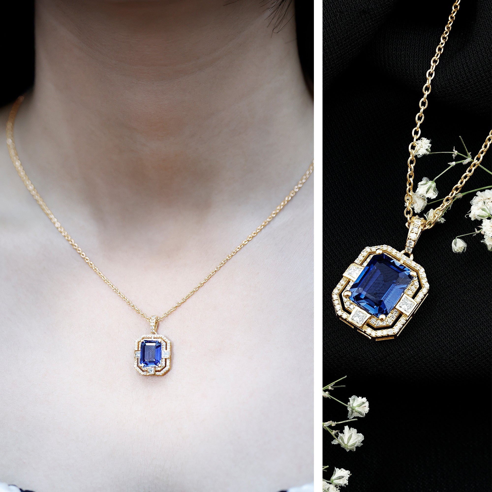 2.7 Carat Emerald Cut Lab Created Blue Sapphire Vintage Necklace with Diamond