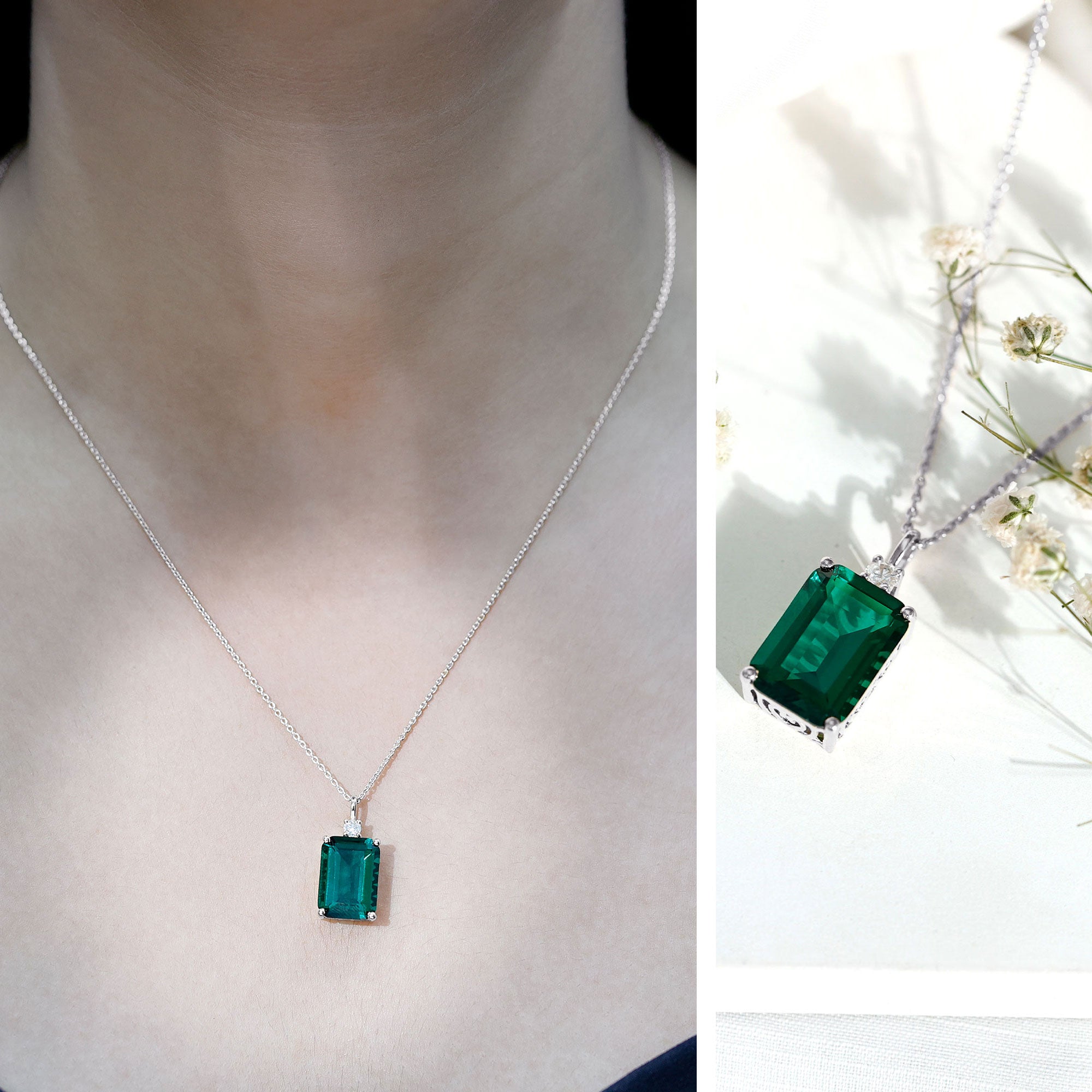 Certified 8.2 Carat Lab Grown Emerald Cocktail Necklace with Diamond
