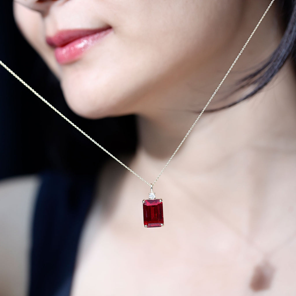 5 Carat Emerald Cut Lab Created Ruby Solitaire Pendant with Diamond