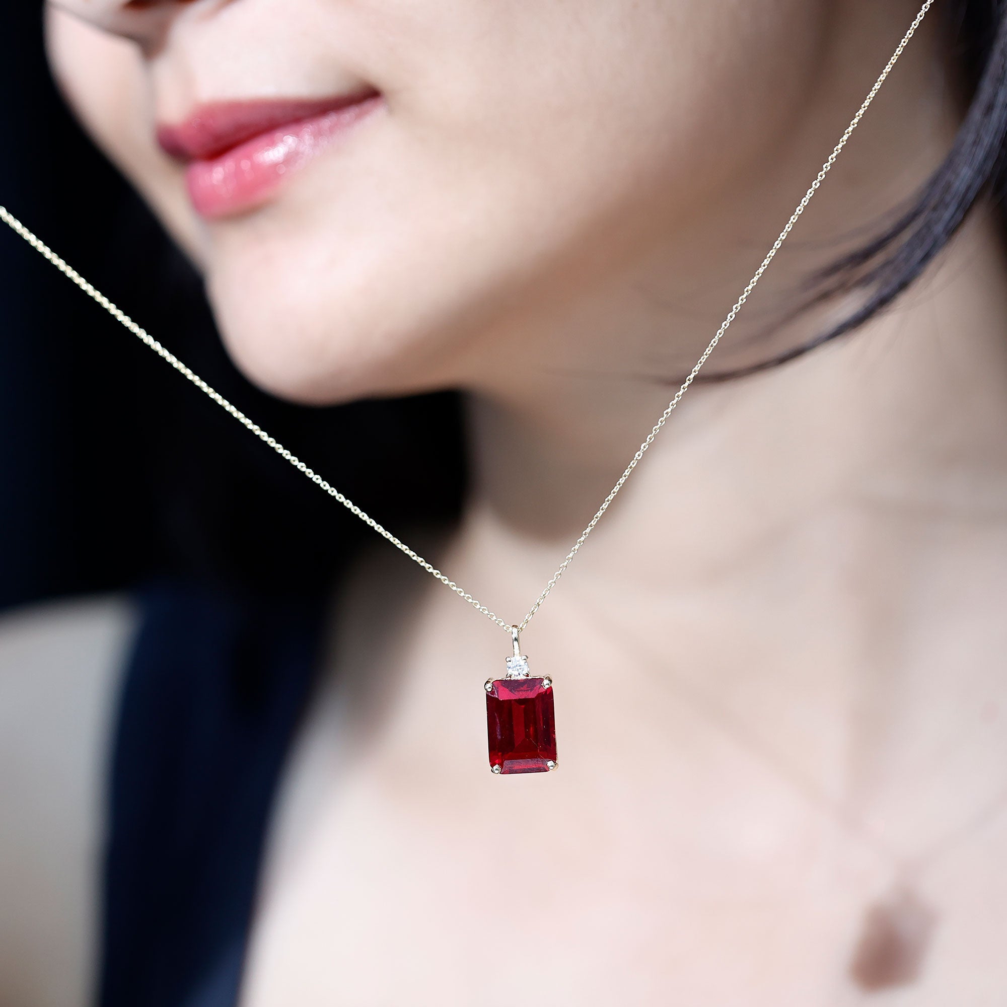 5 Carat Emerald Cut Lab Created Ruby Solitaire Pendant with Diamond
