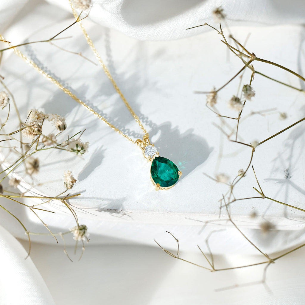 2.5 CT Lab Created Emerald Diamond Teardrop Pendant with Certificate