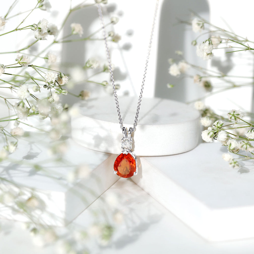 3.3 Carat Lab Created Orange Sapphire Teardrop Necklace with Diamond