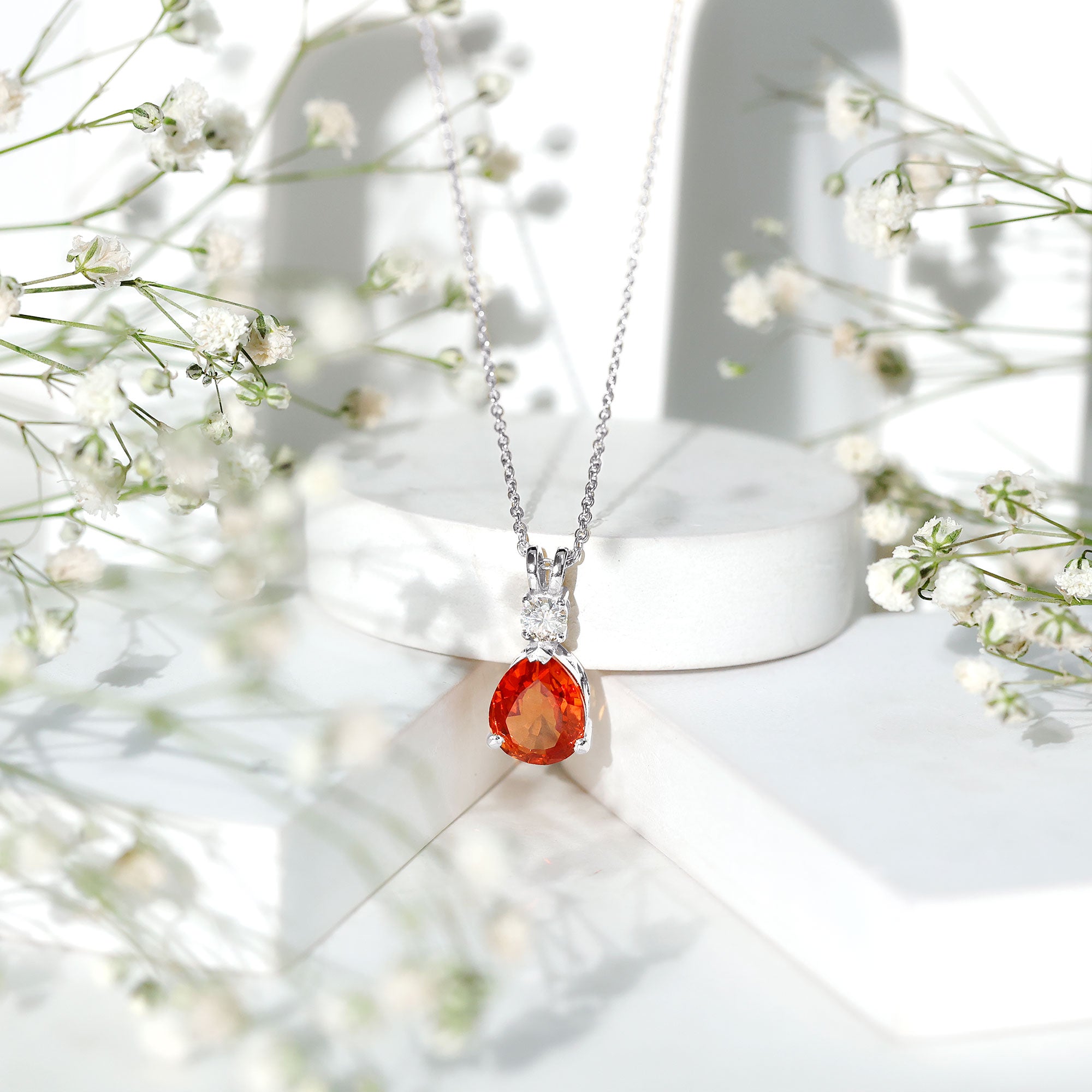 3.3 Carat Lab Created Orange Sapphire Teardrop Necklace with Diamond
