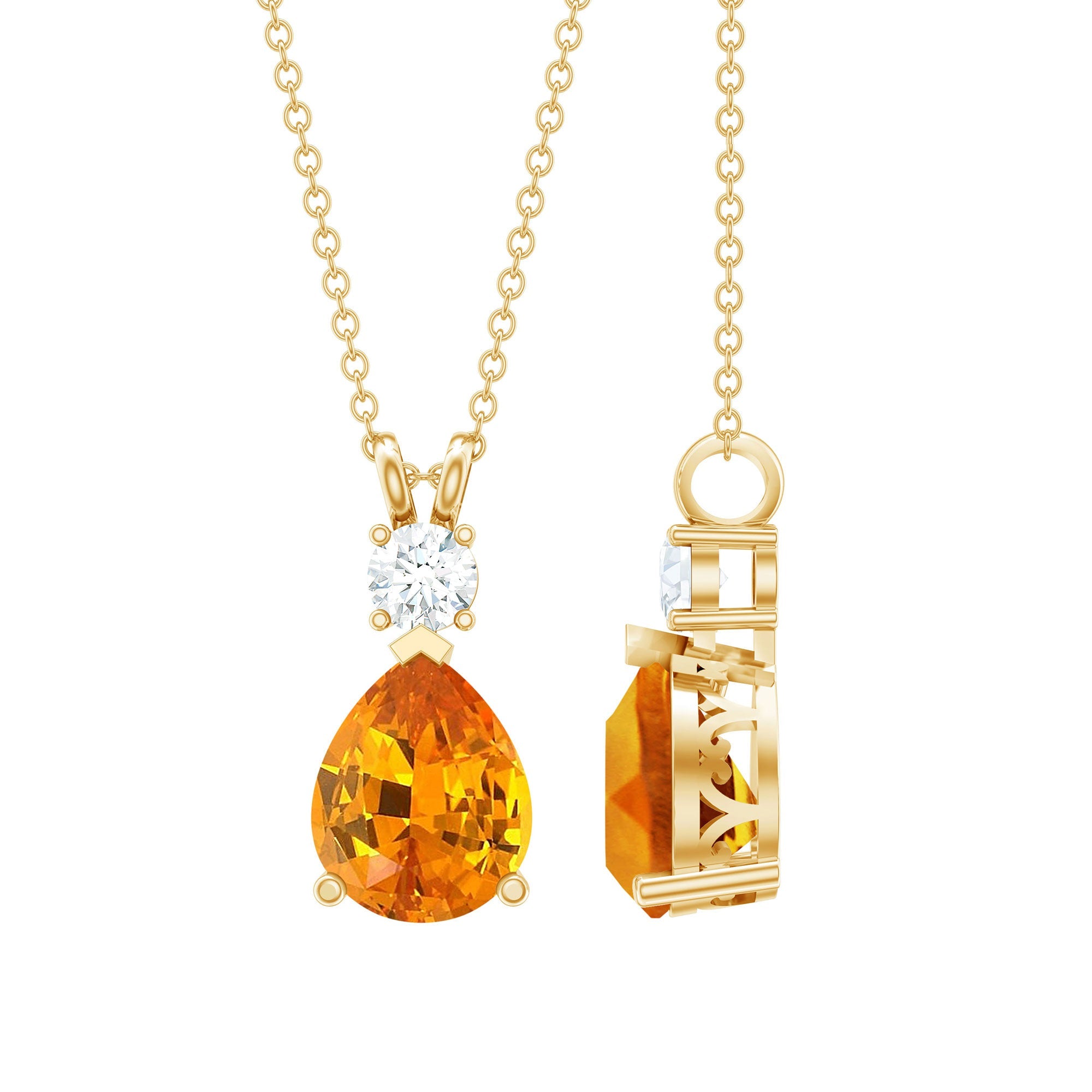 3.3 Carat Lab Created Orange Sapphire Teardrop Necklace with Diamond