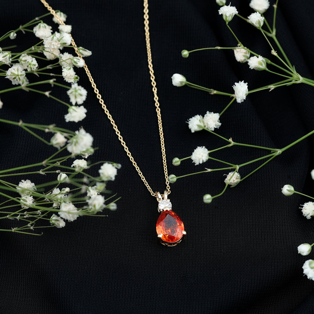 3.3 Carat Lab Created Orange Sapphire Teardrop Necklace with Diamond
