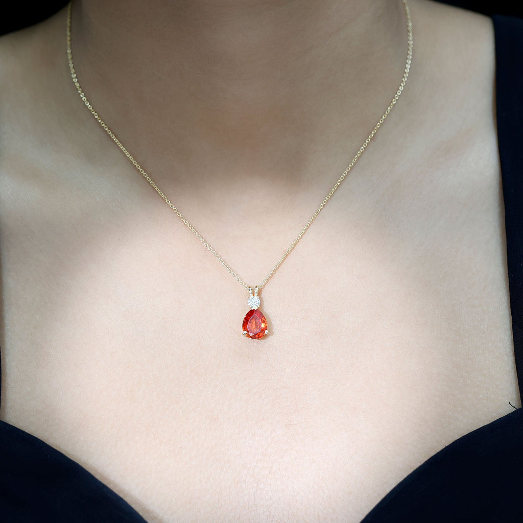 3.3 Carat Lab Created Orange Sapphire Teardrop Necklace with Diamond