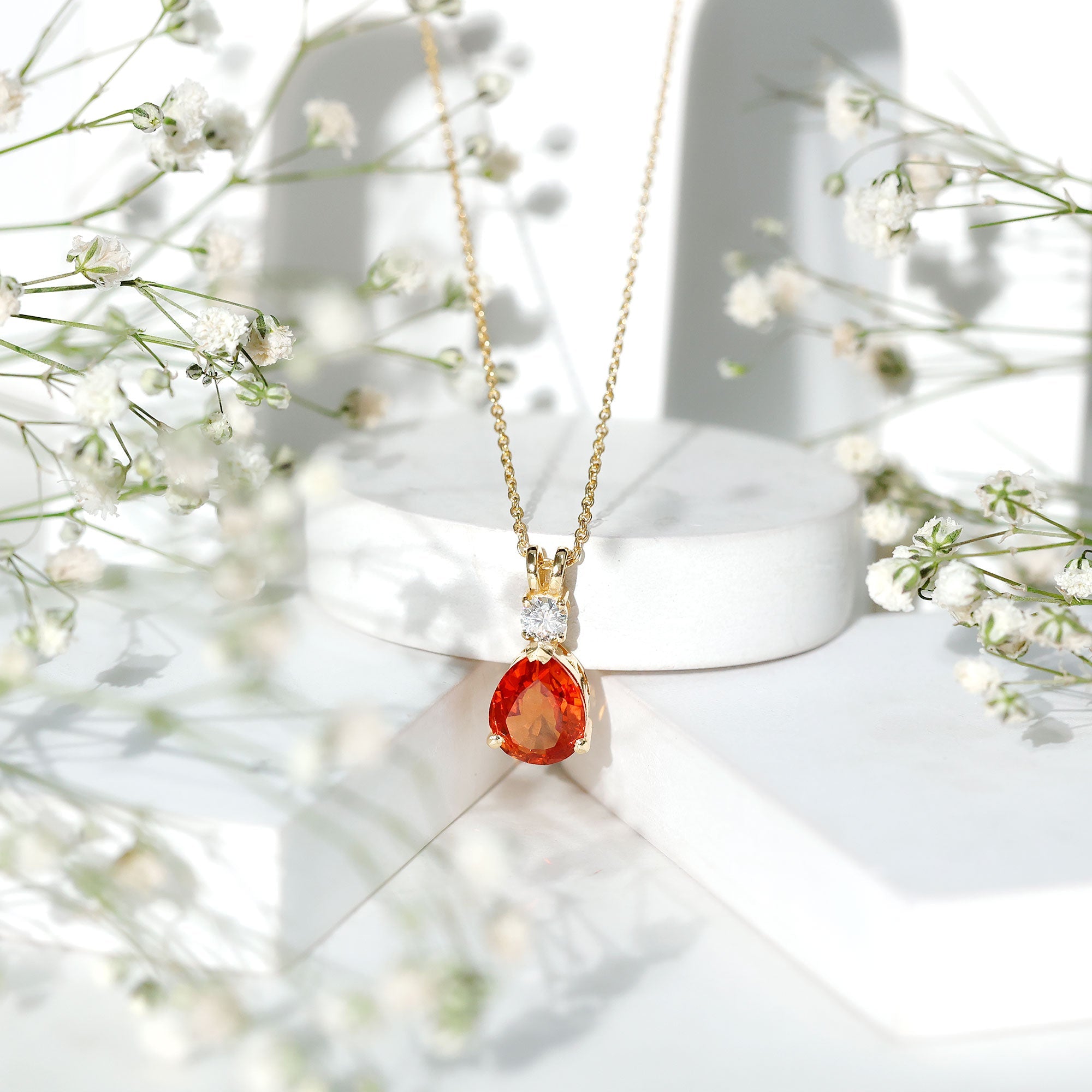 3.3 Carat Lab Created Orange Sapphire Teardrop Necklace with Diamond