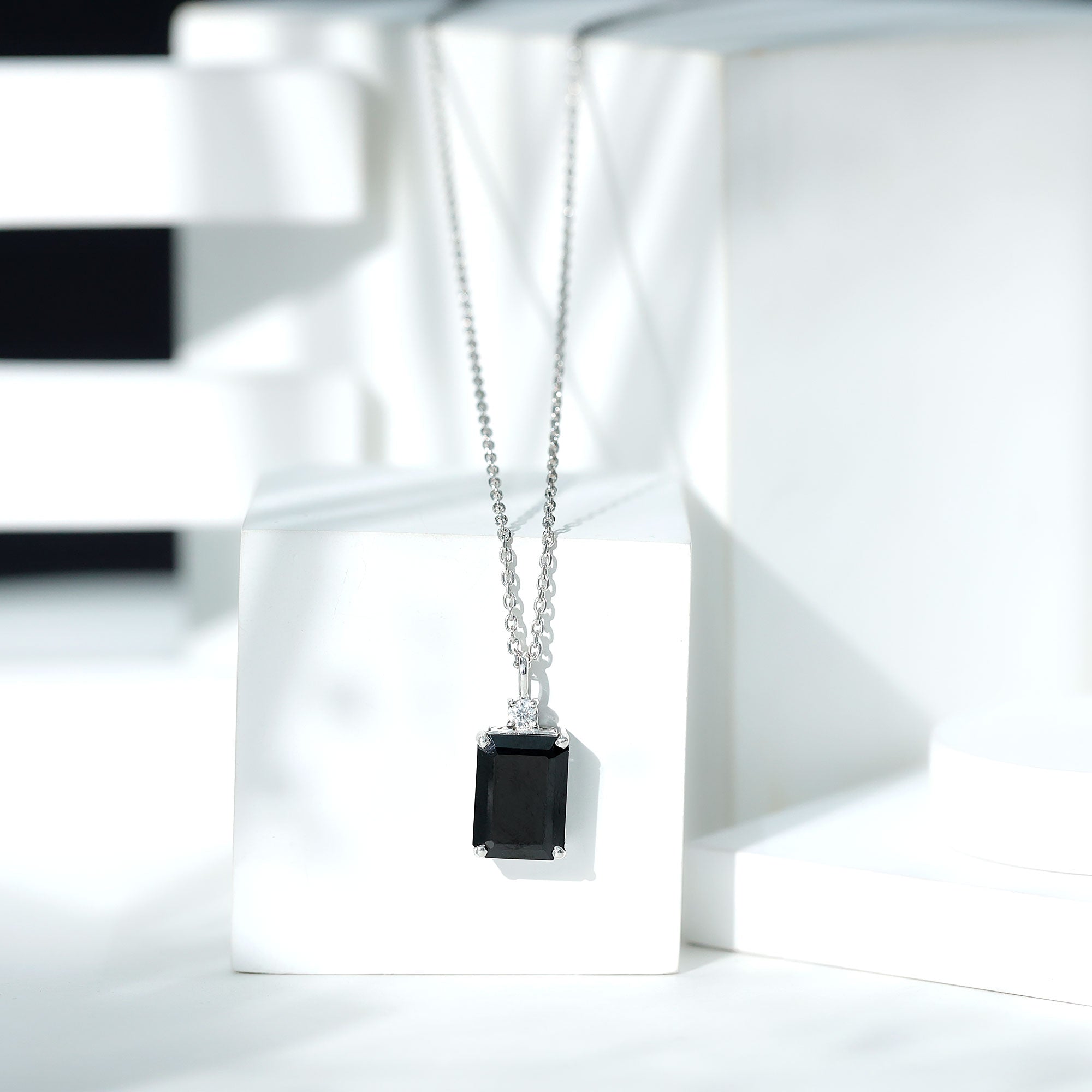 3.48 Carat Emerald Cut Lab Created Black Diamond Solitaire Necklace