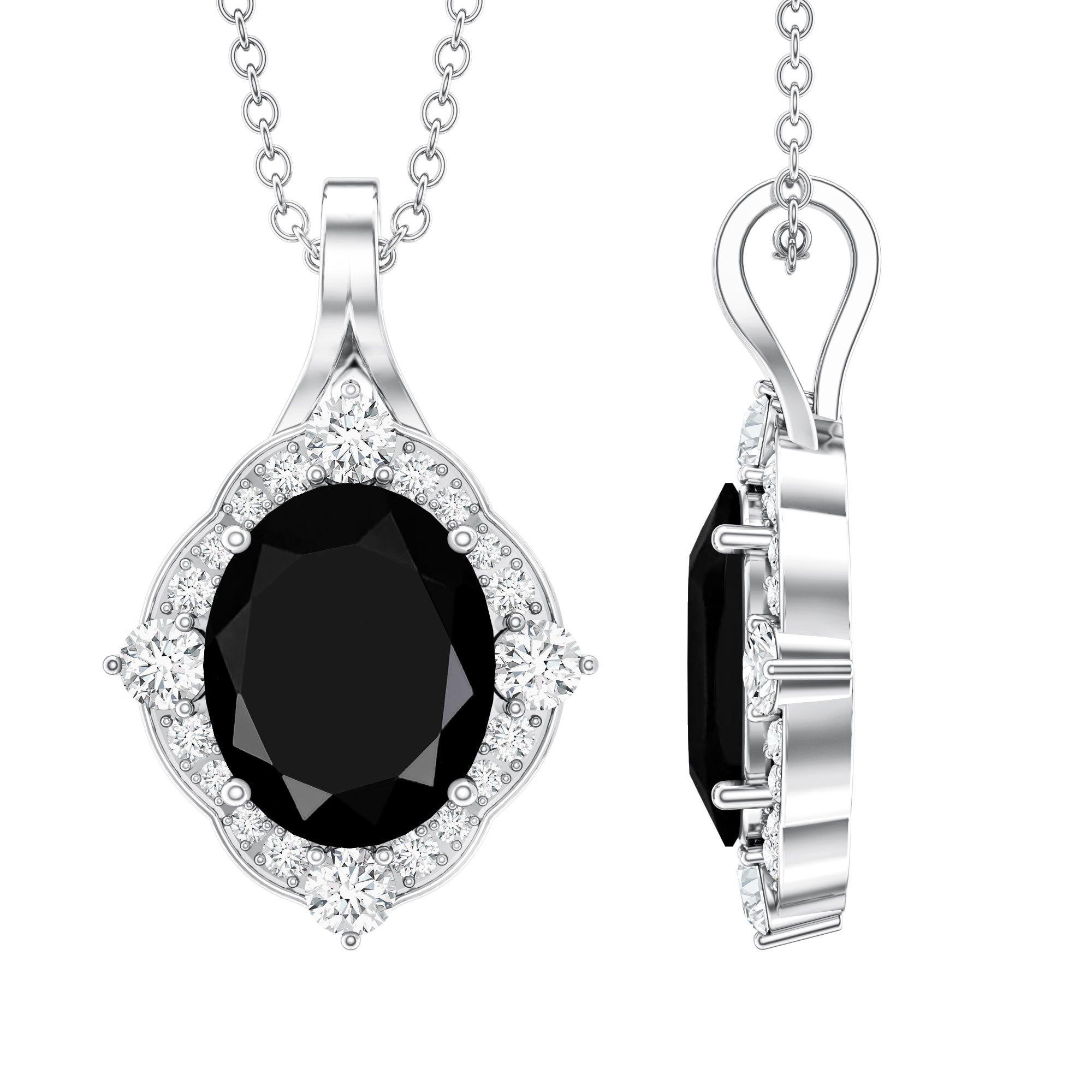 Vintage Style Created Black Diamond Halo Pendant Necklace