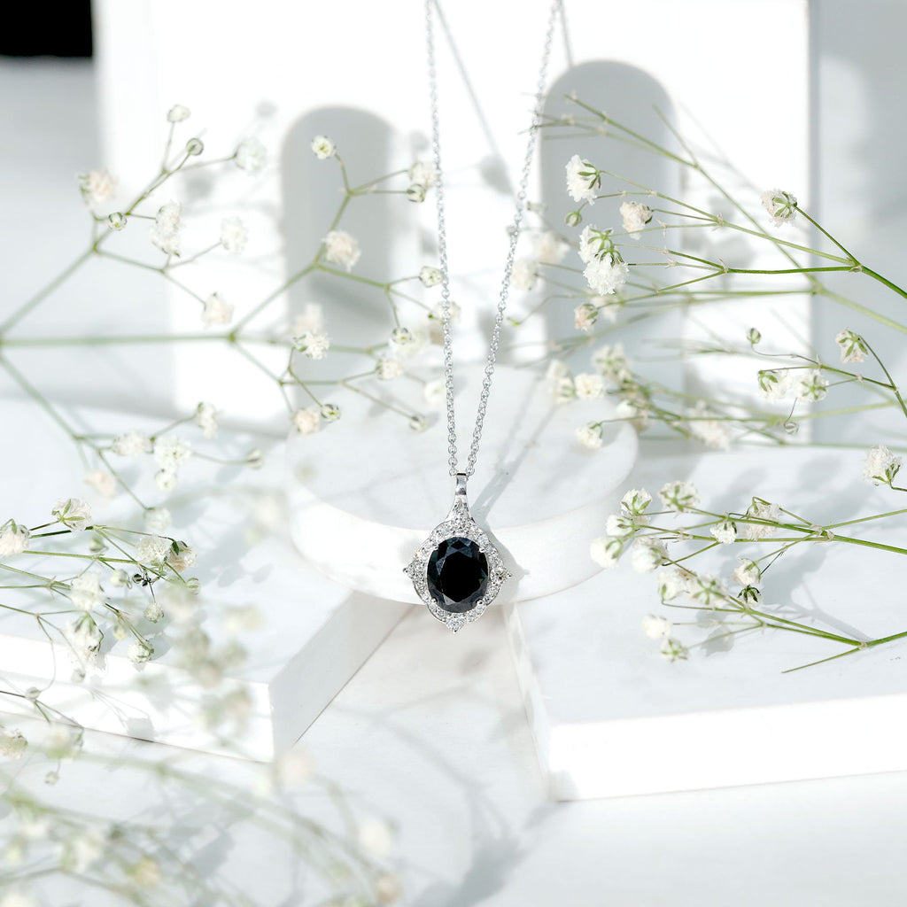 Vintage Style Created Black Diamond Halo Pendant Necklace