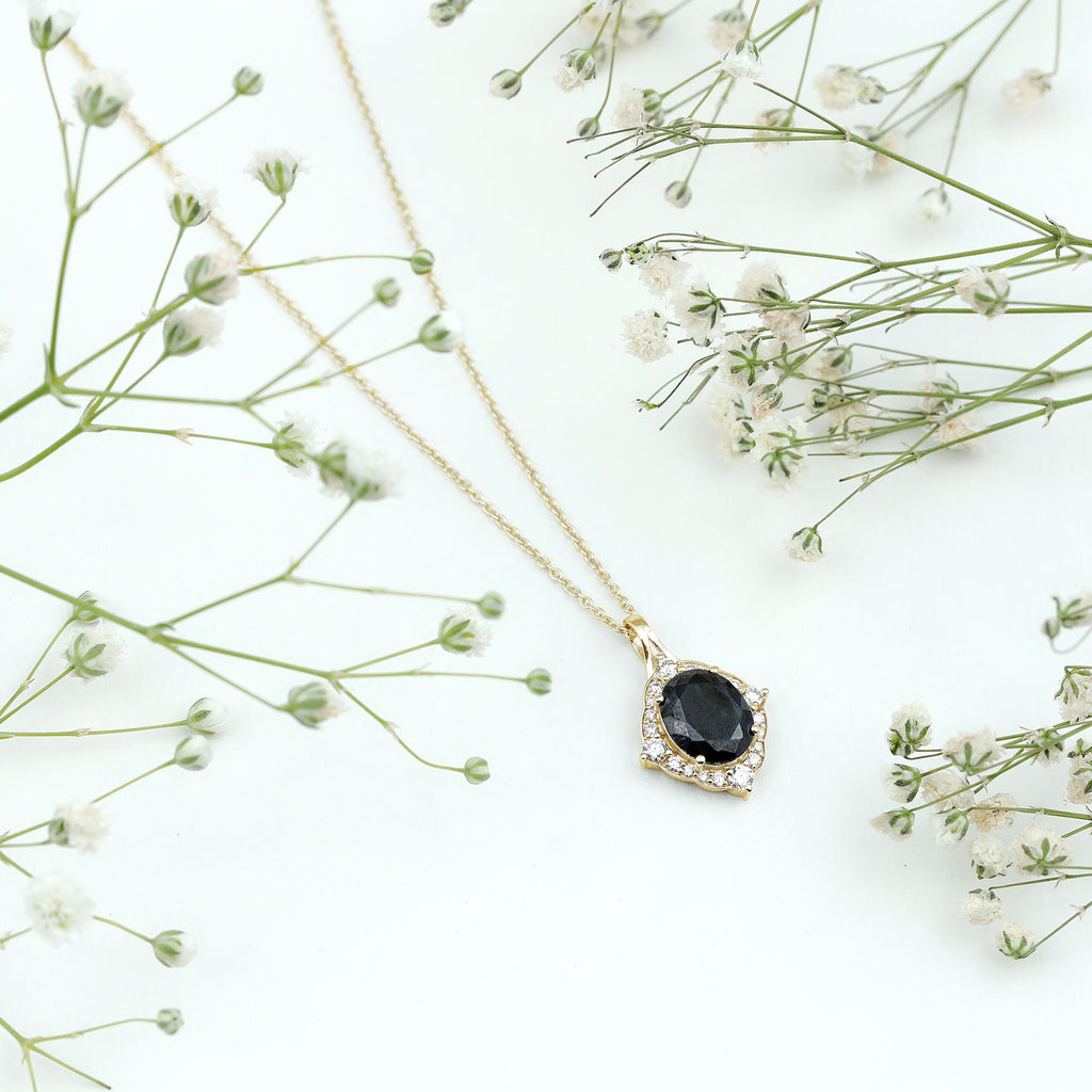 Vintage Style Created Black Diamond Halo Pendant Necklace