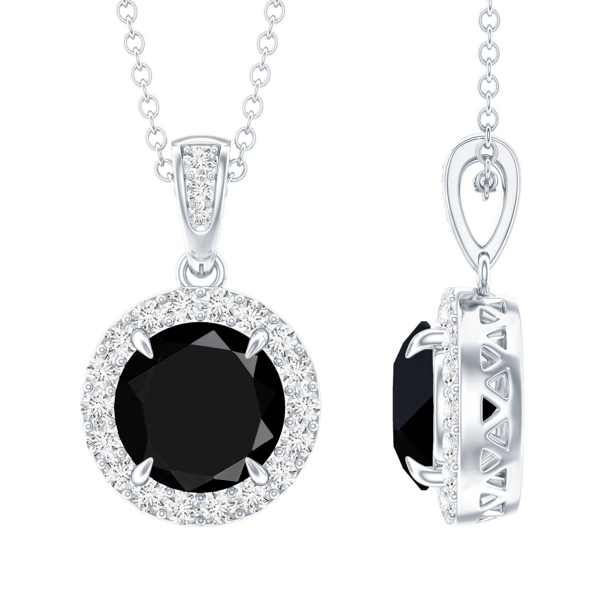 2 Carat Round Lab Created Black Diamond Halo Pendant with White Diamond