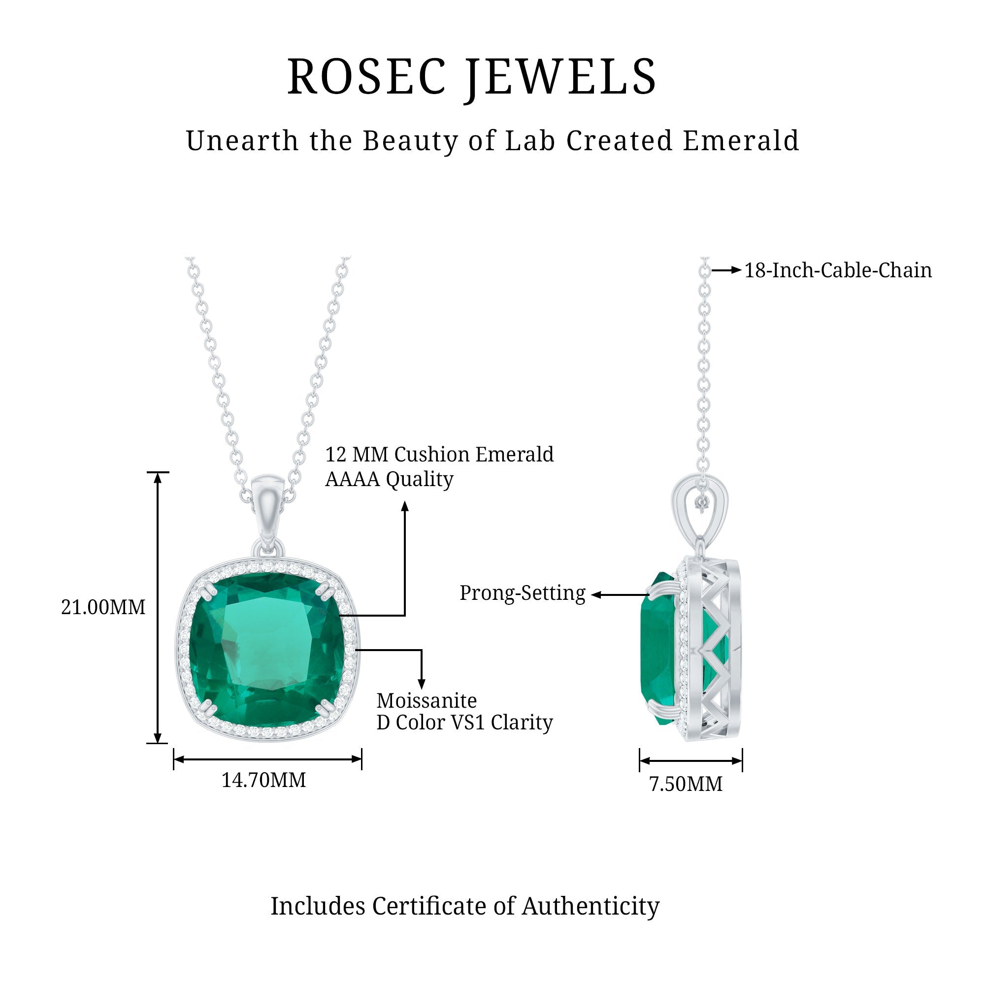 9 Carat Cushion Cut Lab Created Emerald and Diamond Cocktail Necklace