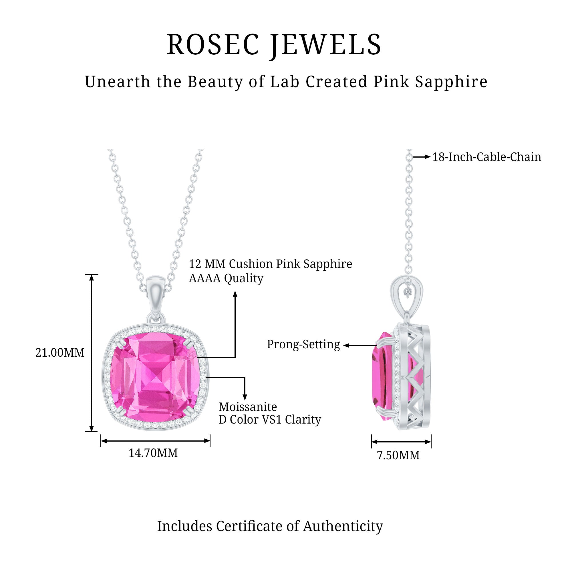 6 Carat Lab Grown Pink Sapphire Statement Pendant Necklace with Diamond Halo
