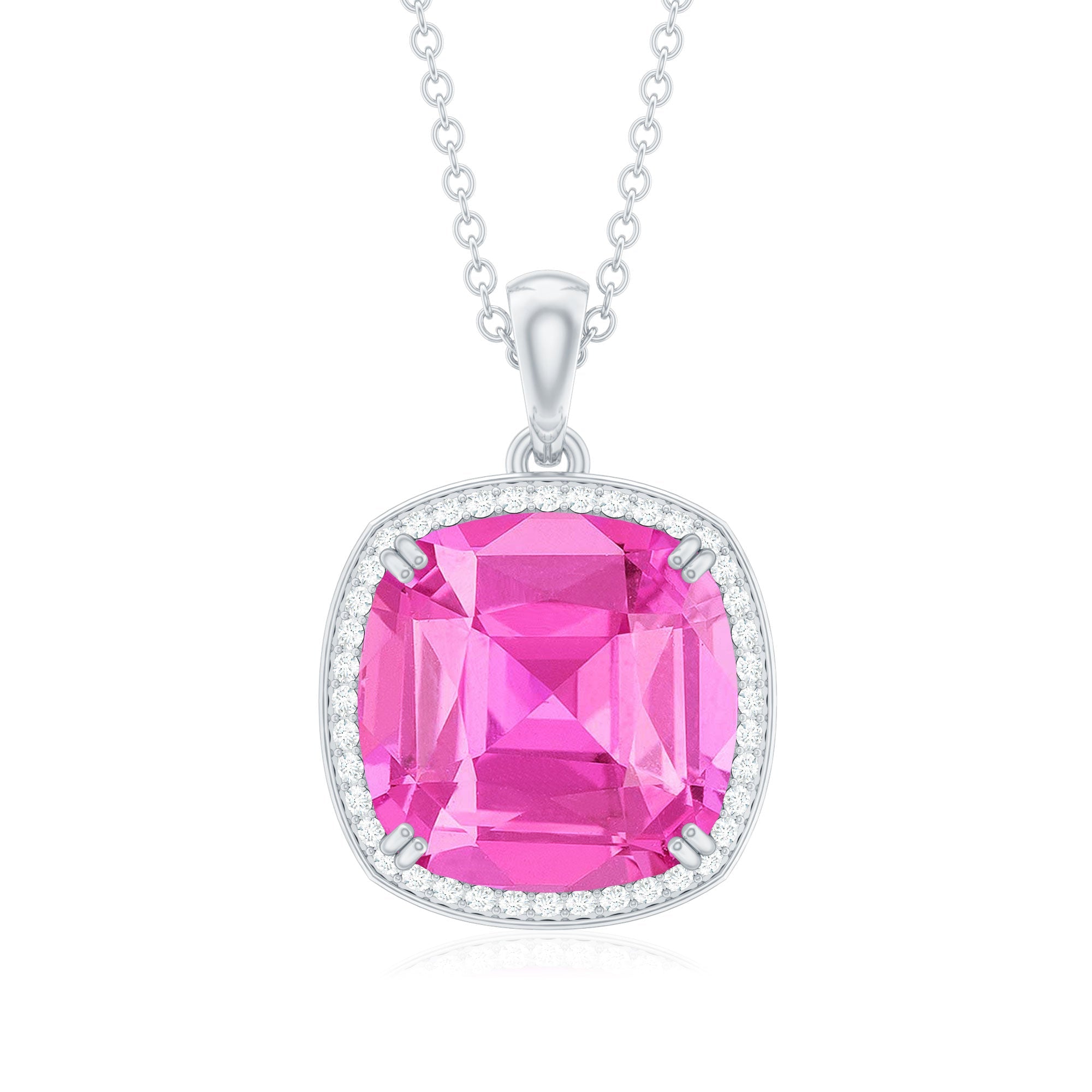 6 Carat Lab Grown Pink Sapphire Statement Pendant Necklace with Diamond Halo