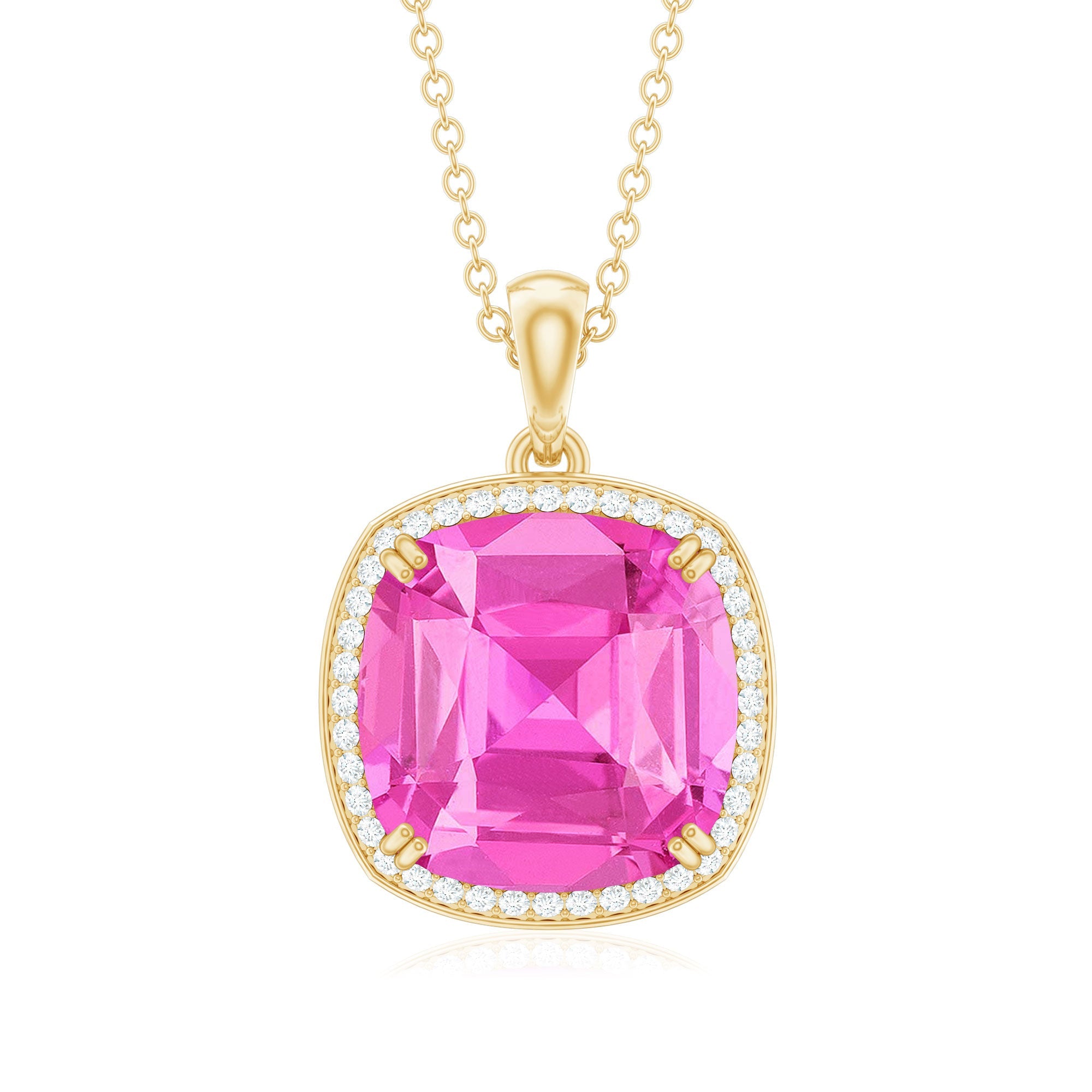 6 Carat Lab Grown Pink Sapphire Statement Pendant Necklace with Diamond Halo