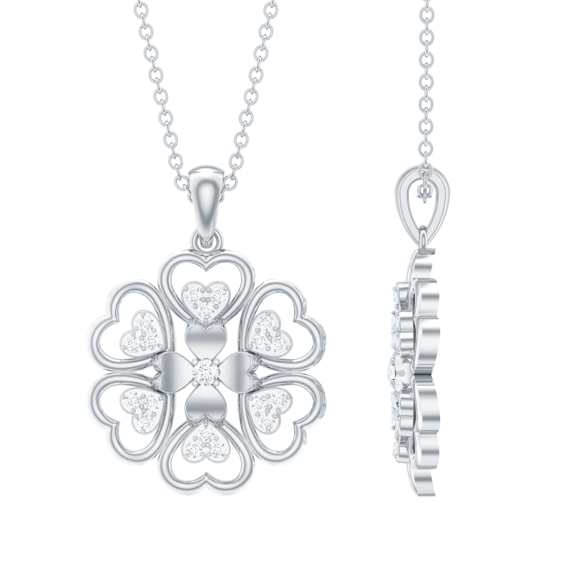 Natural Diamond Heart Flower Pendant Necklace